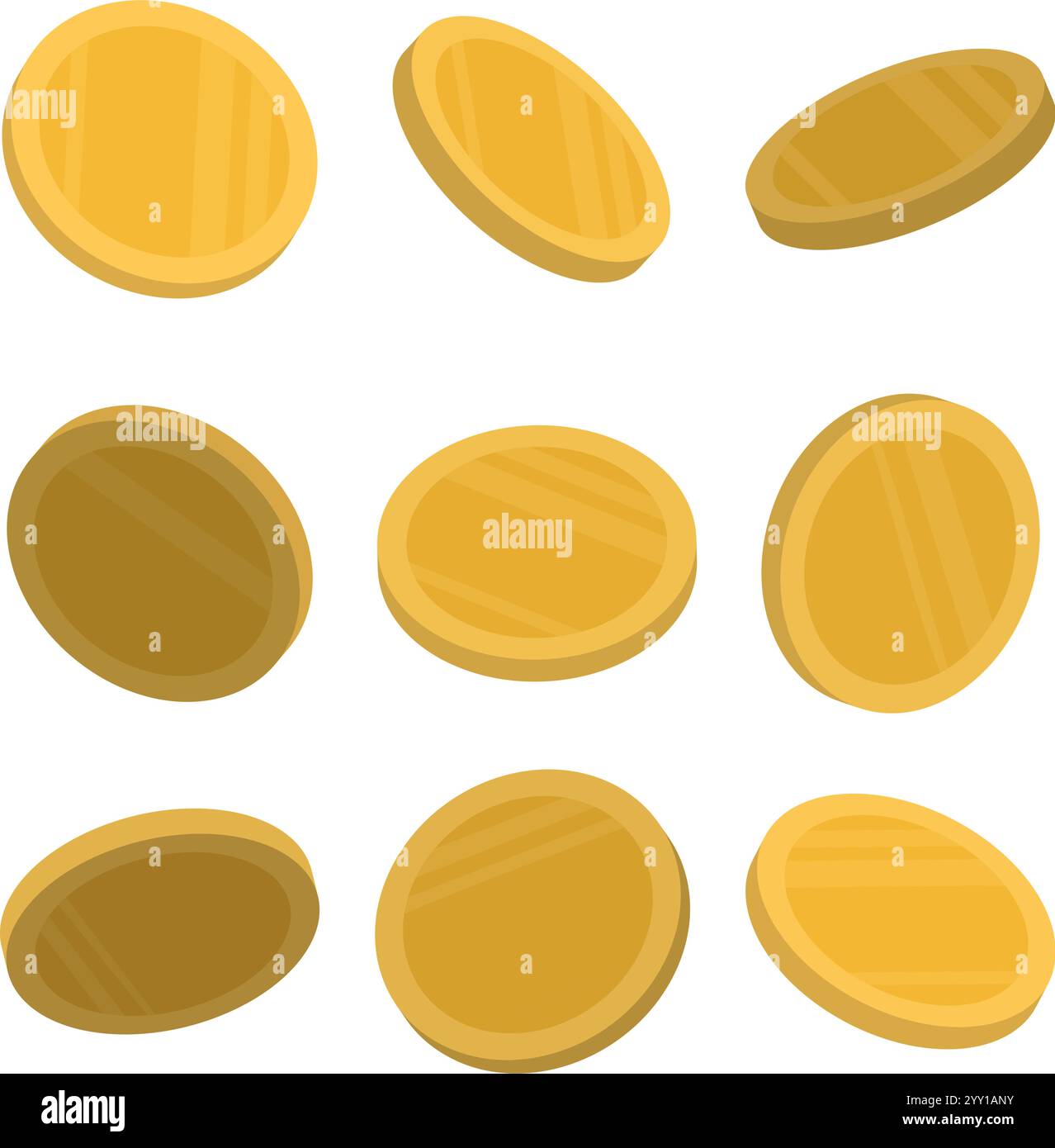 Set di monete d'oro in diverse posizioni, isolate su sfondo bianco Illustrazione Vettoriale