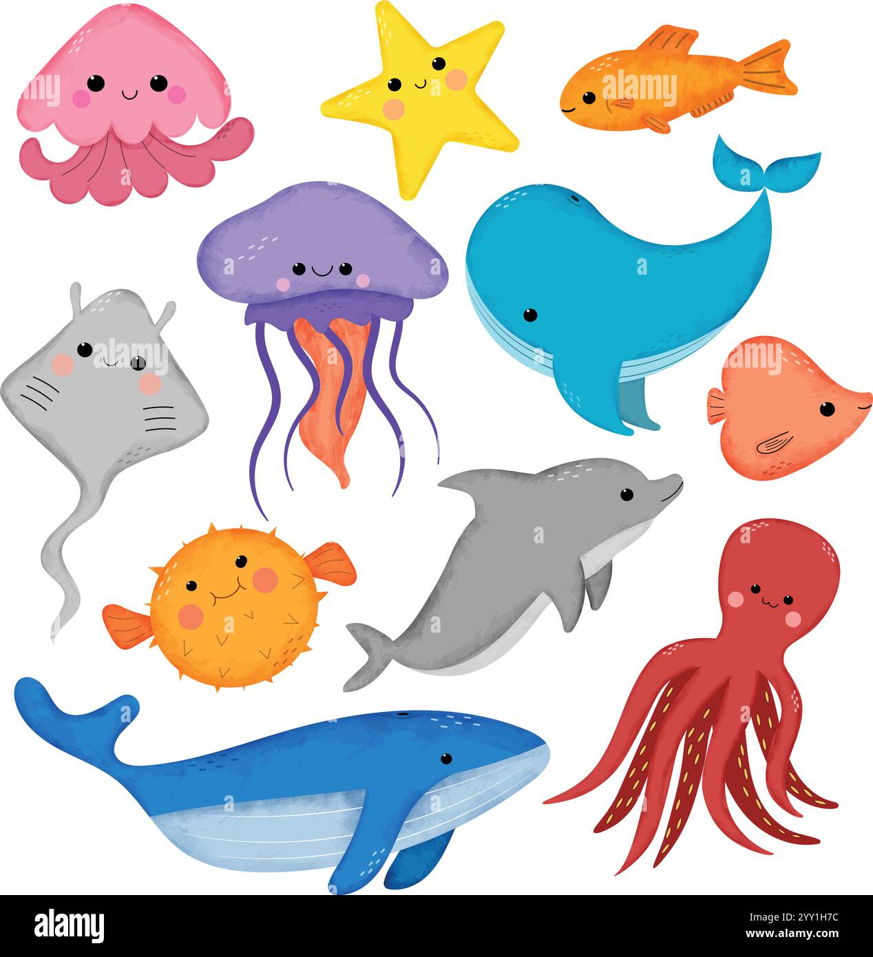 Set di animali oceanici disegnati a mano Illustrazione Vettoriale
