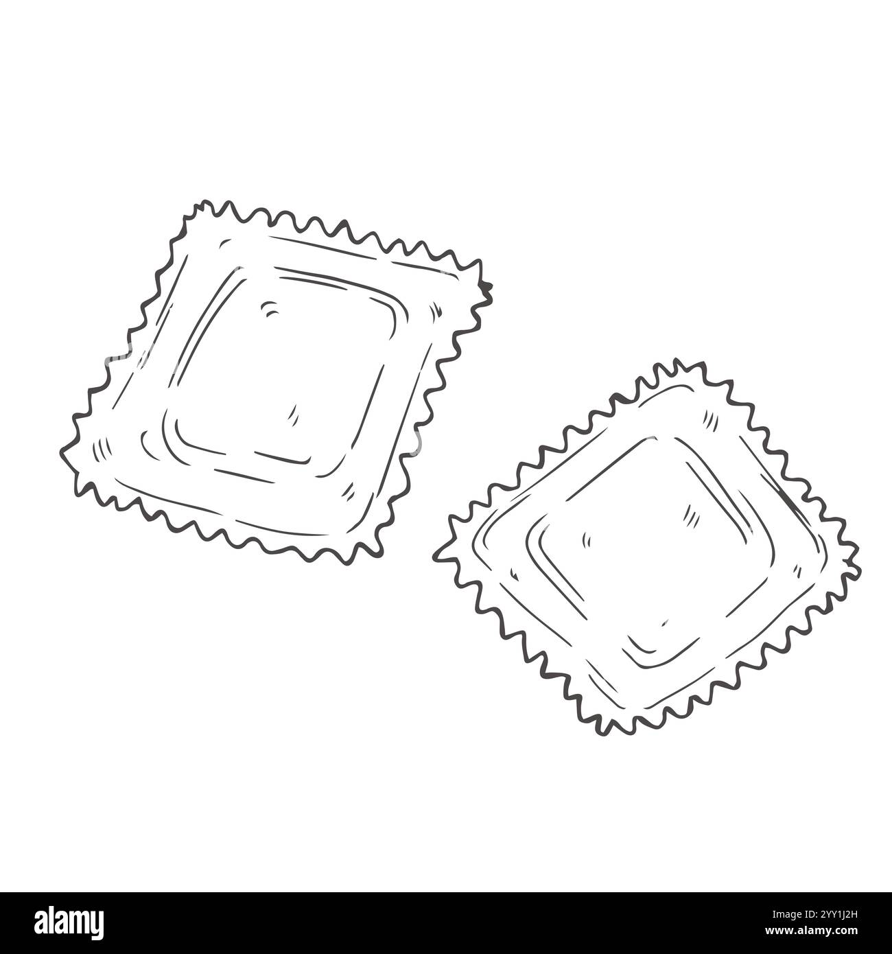Ravioli di pasta italiana con carne o formaggio all'interno. Illustrazione in stile schizzo disegnata a mano del cibo tradizionale italiano. Ideale per menu e pacchetti Illustrazione Vettoriale