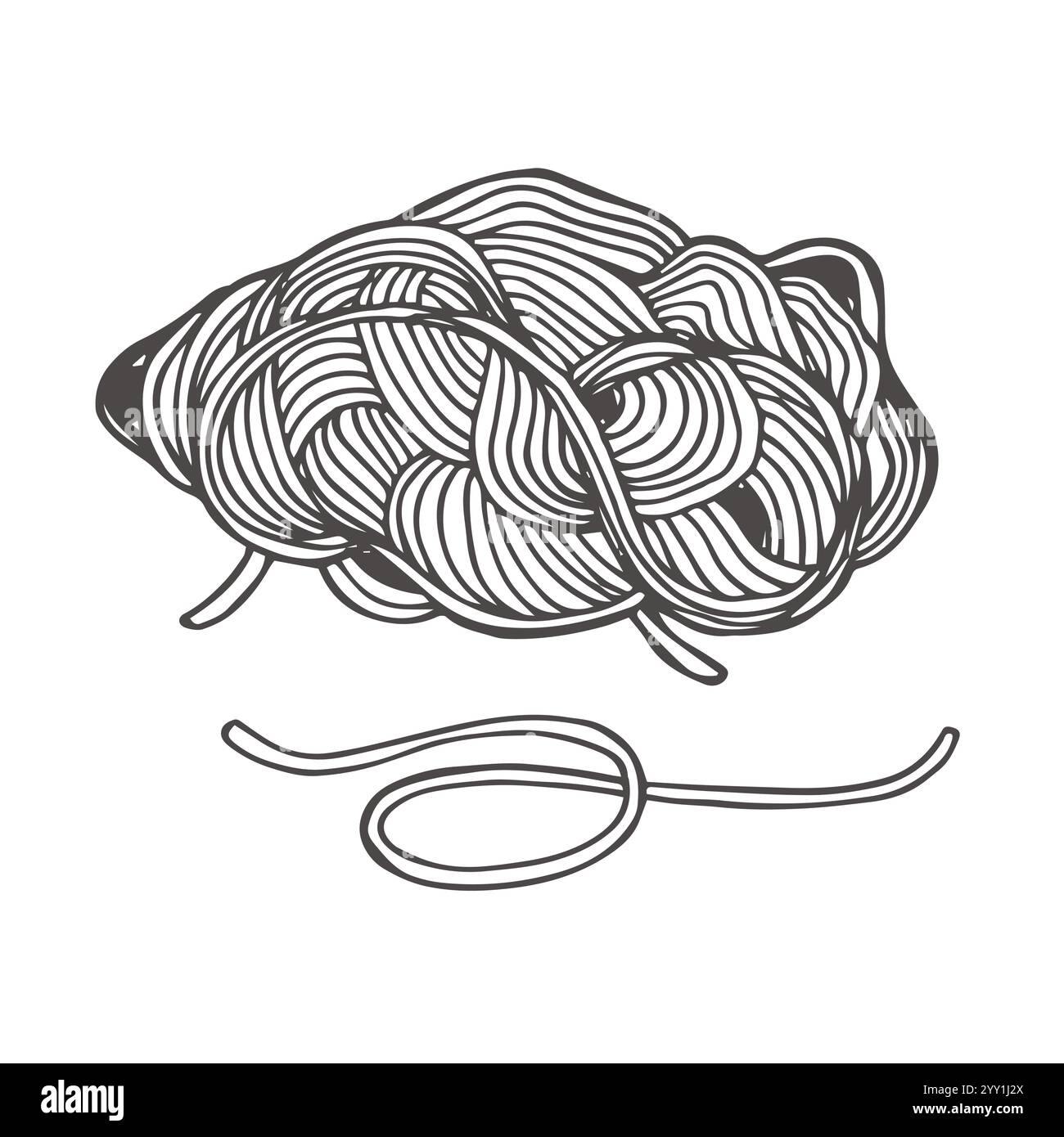 Spaghetti o spaghetti orientali. Tradizionale italiano o ramen. Stile di incisione disegnato a mano, inchiostro, contorno. Illustrazione Vettoriale