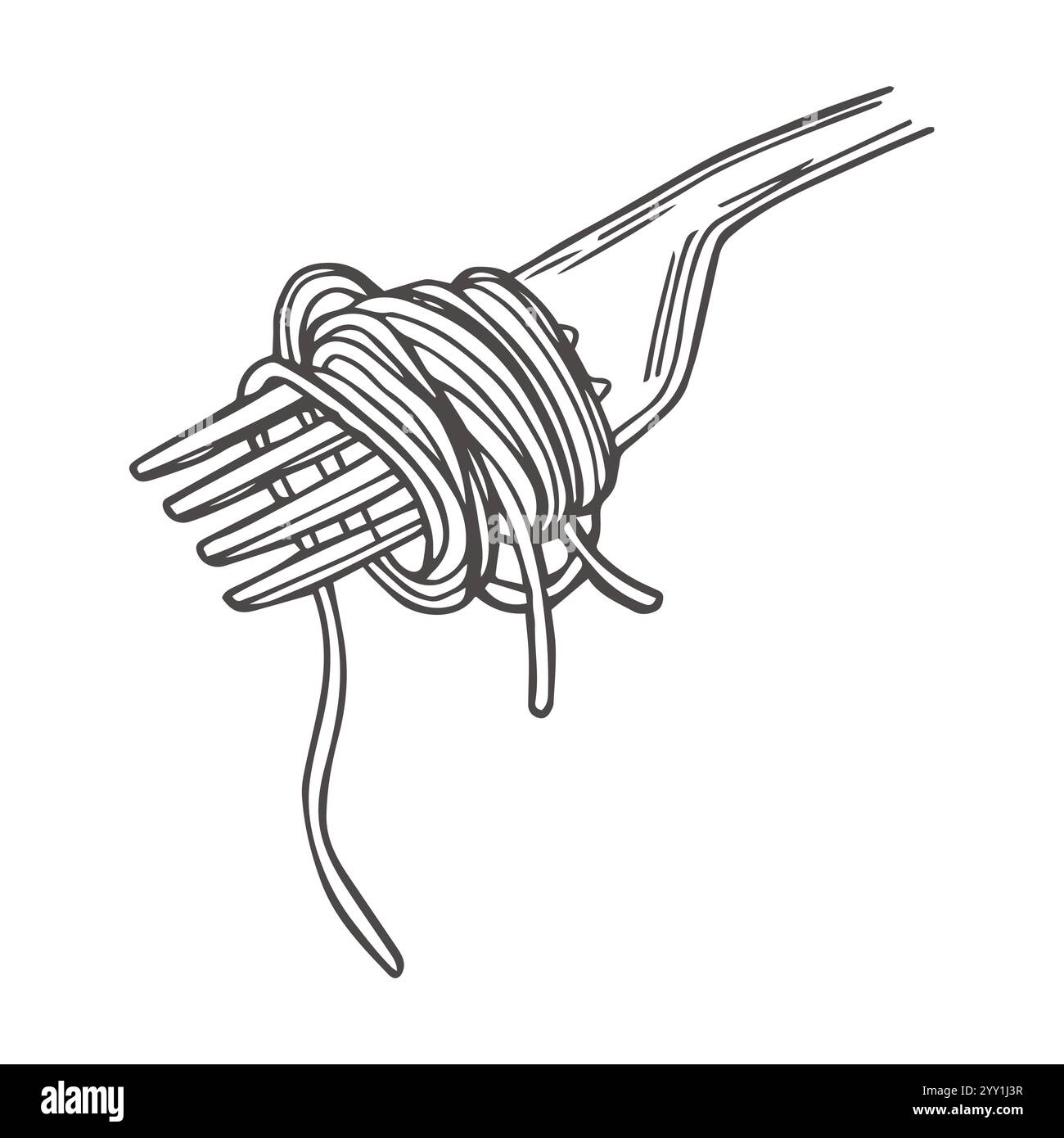 Forchetta con solo spaghetti intorno. Cibo italiano, pasta spaghetti sketch. Vintage disegnato a mano Illustrazione Vettoriale