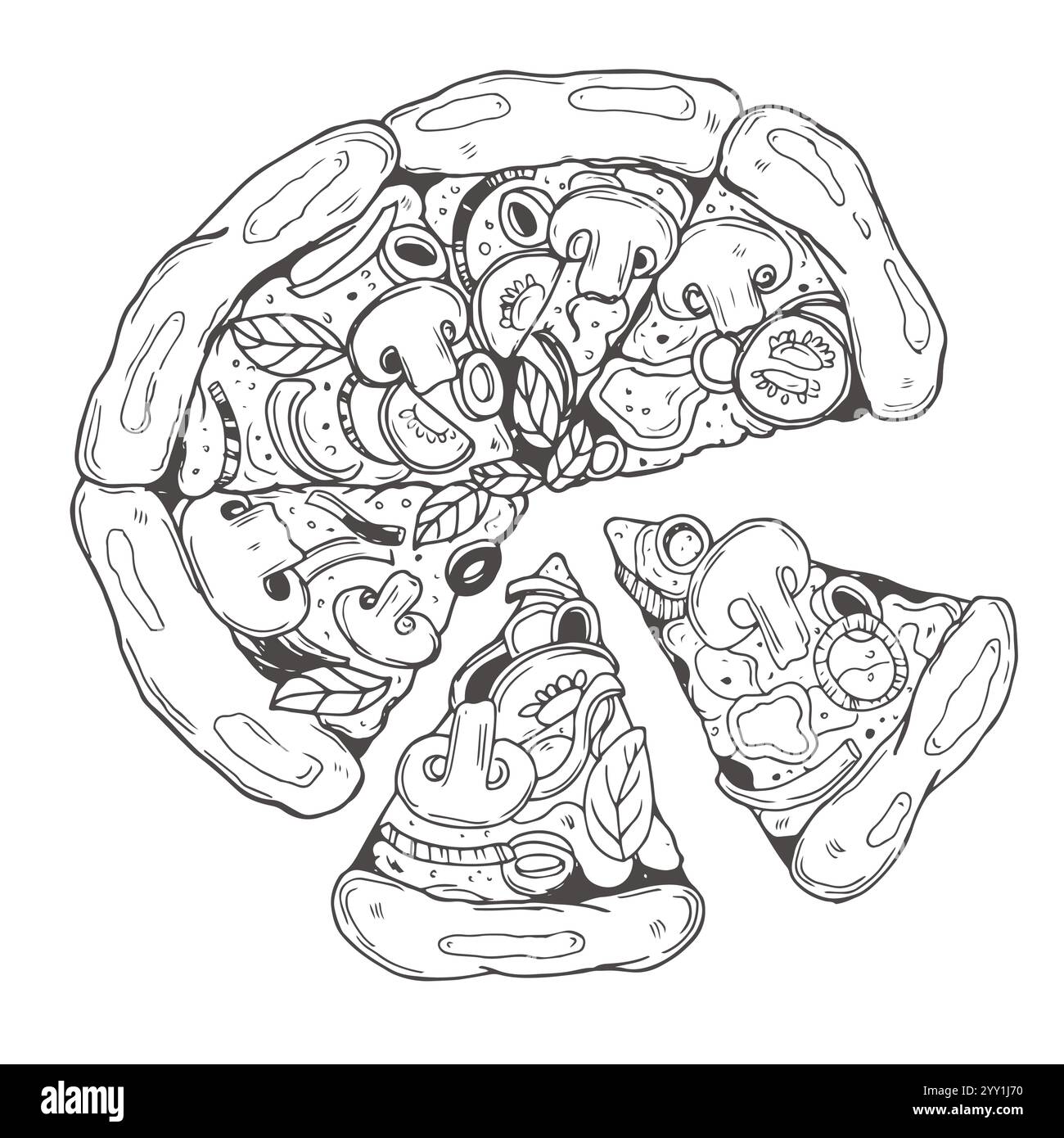 Pizza disegnata a mano. Illustrazione vettoriale in bianco e nero su bianco Illustrazione Vettoriale