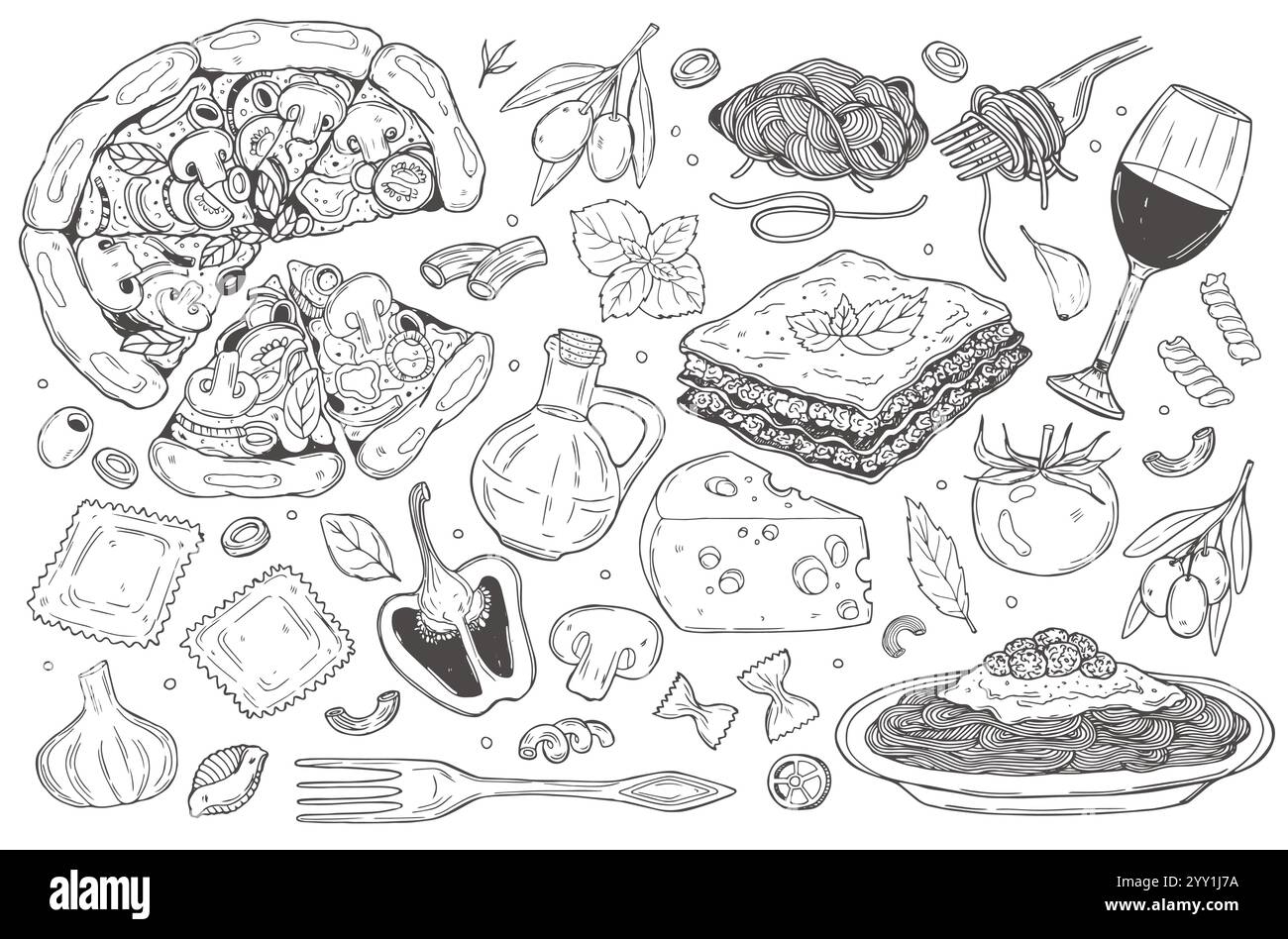 Set di scarabocchi, disegnati a mano, semplici schizzi di cucina italiana. Illustrazione Vettoriale