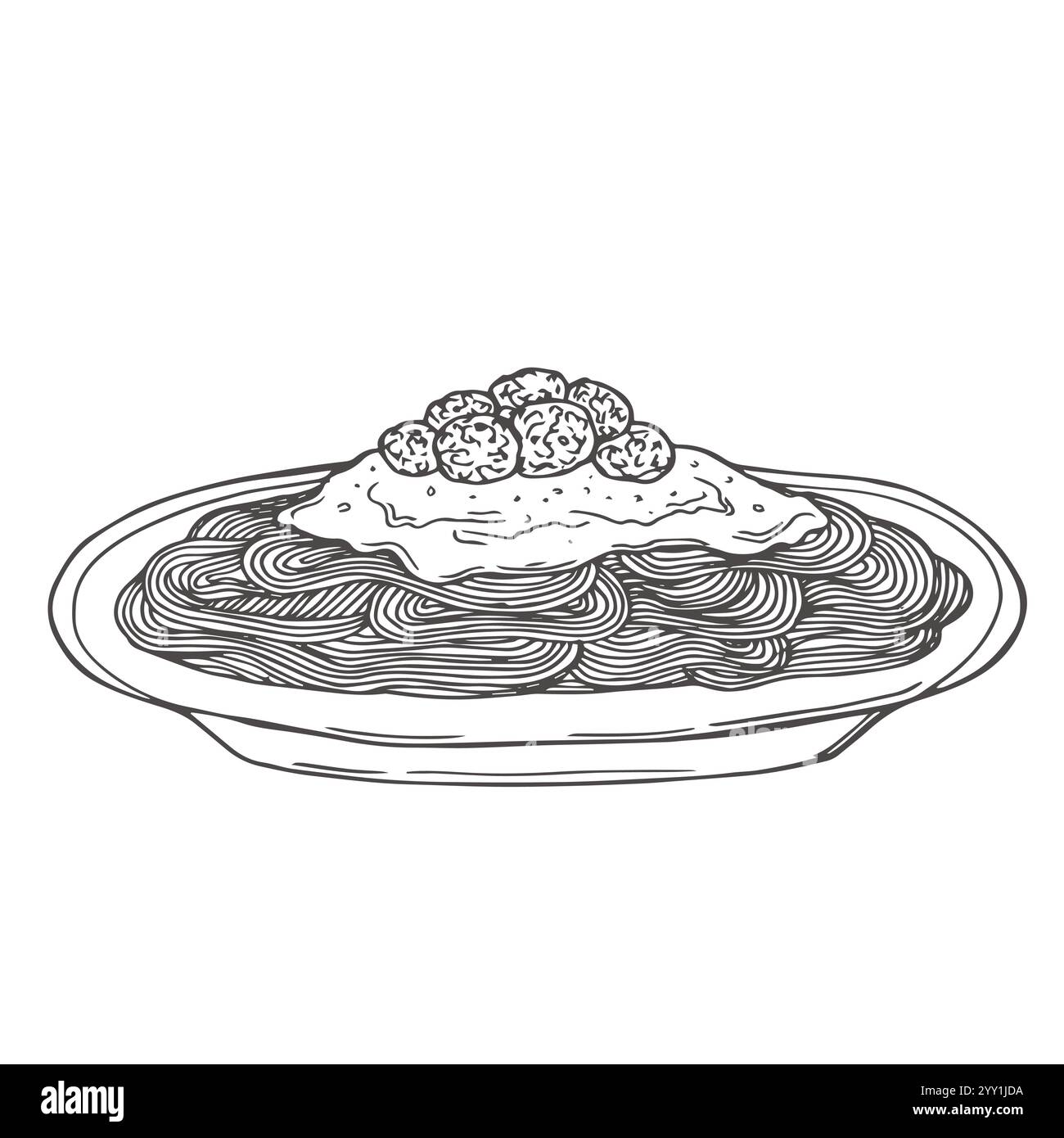 Pasta italiana. Spaghetti su piatto. Incisione Vector vintage nera isolata su sfondo bianco. Elemento di design disegnato a mano per il menu. Contorno, inchiostro. Illustrazione Vettoriale