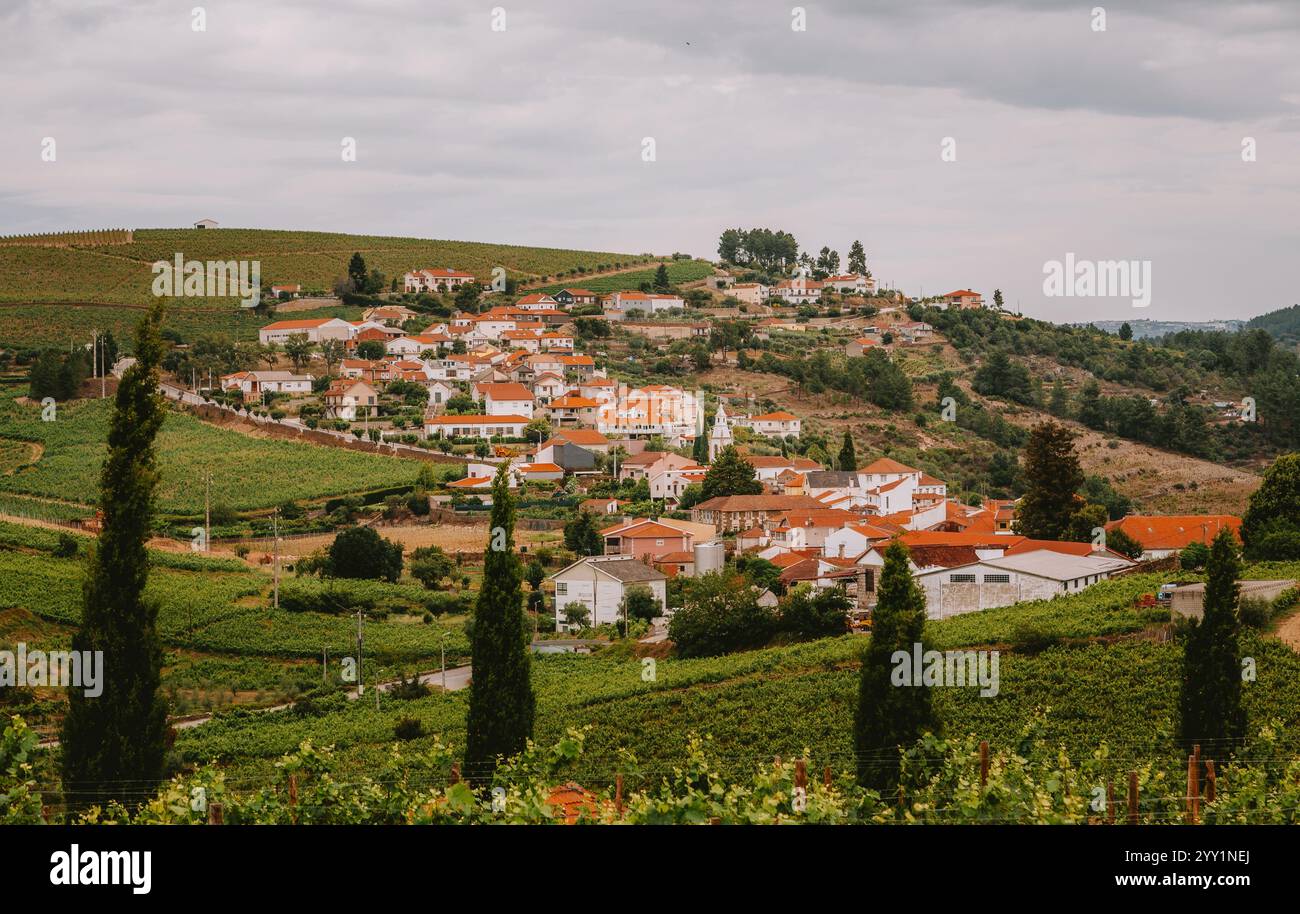 Paesaggio panoramico che mostra un affascinante villaggio annidato tra vigneti ondulati ad Alijo, Vila Real, Portogallo, una regione conosciuta per la sua produzione di vino Foto Stock