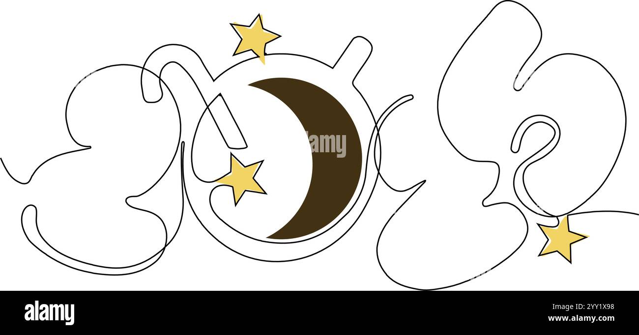 Disegno doodle continuo a una linea del nuovo anno 2025. Concept natalizio, testo per la scrittura a mano di Capodanno, design minimalista. Illustrazione vettoriale Illustrazione Vettoriale