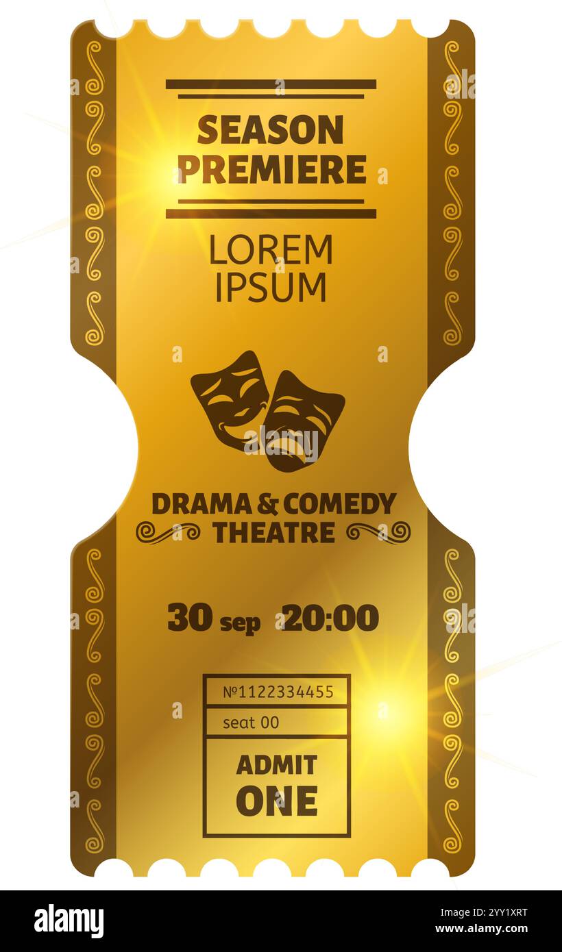 Biglietto d'oro per una prima stagione al teatro drammatico e comico, che mostra data, ora, numero di posto a sedere e ammette un testo con elementi decorativi e. Illustrazione Vettoriale