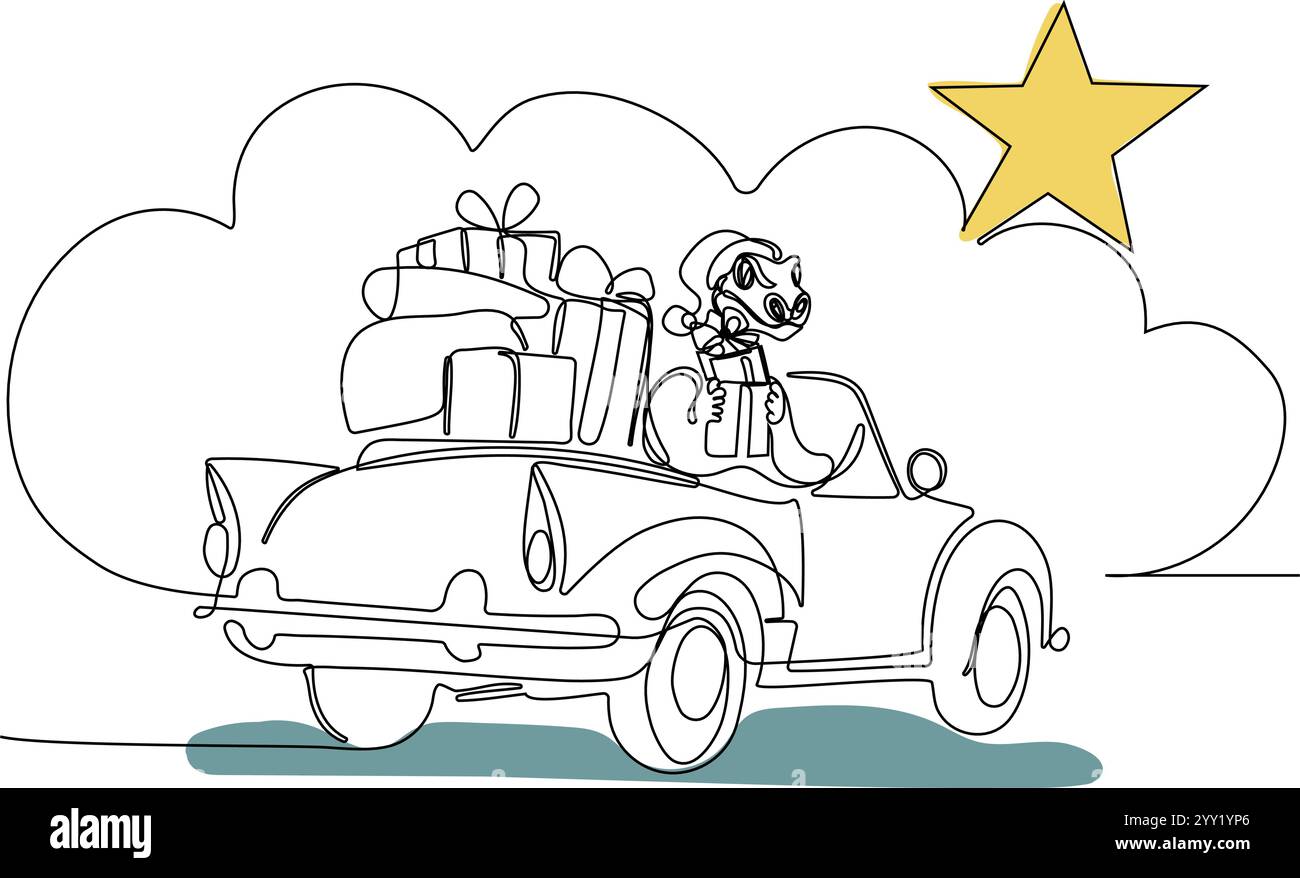 Schizzo del concept natalizio disegnato a mano dal vettore. Babbo Natale guida un'auto con borsa aperta piena di regali. Concetto natalizio lettering. Illustrazione vettoriale Illustrazione Vettoriale