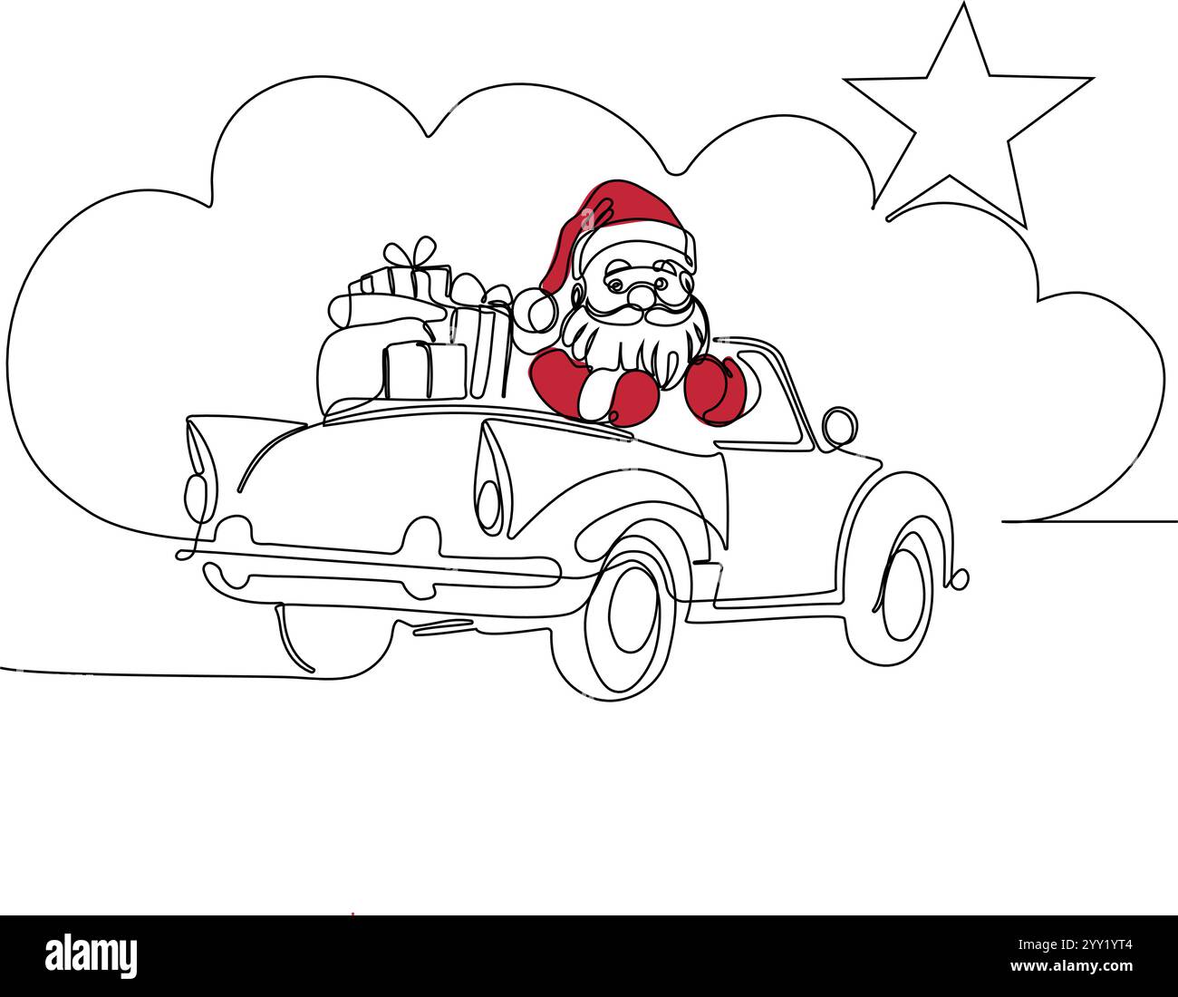 Schizzo del concept natalizio disegnato a mano dal vettore. Babbo Natale guida un'auto con borsa aperta piena di regali. Concetto natalizio lettering. Illustrazione vettoriale Illustrazione Vettoriale