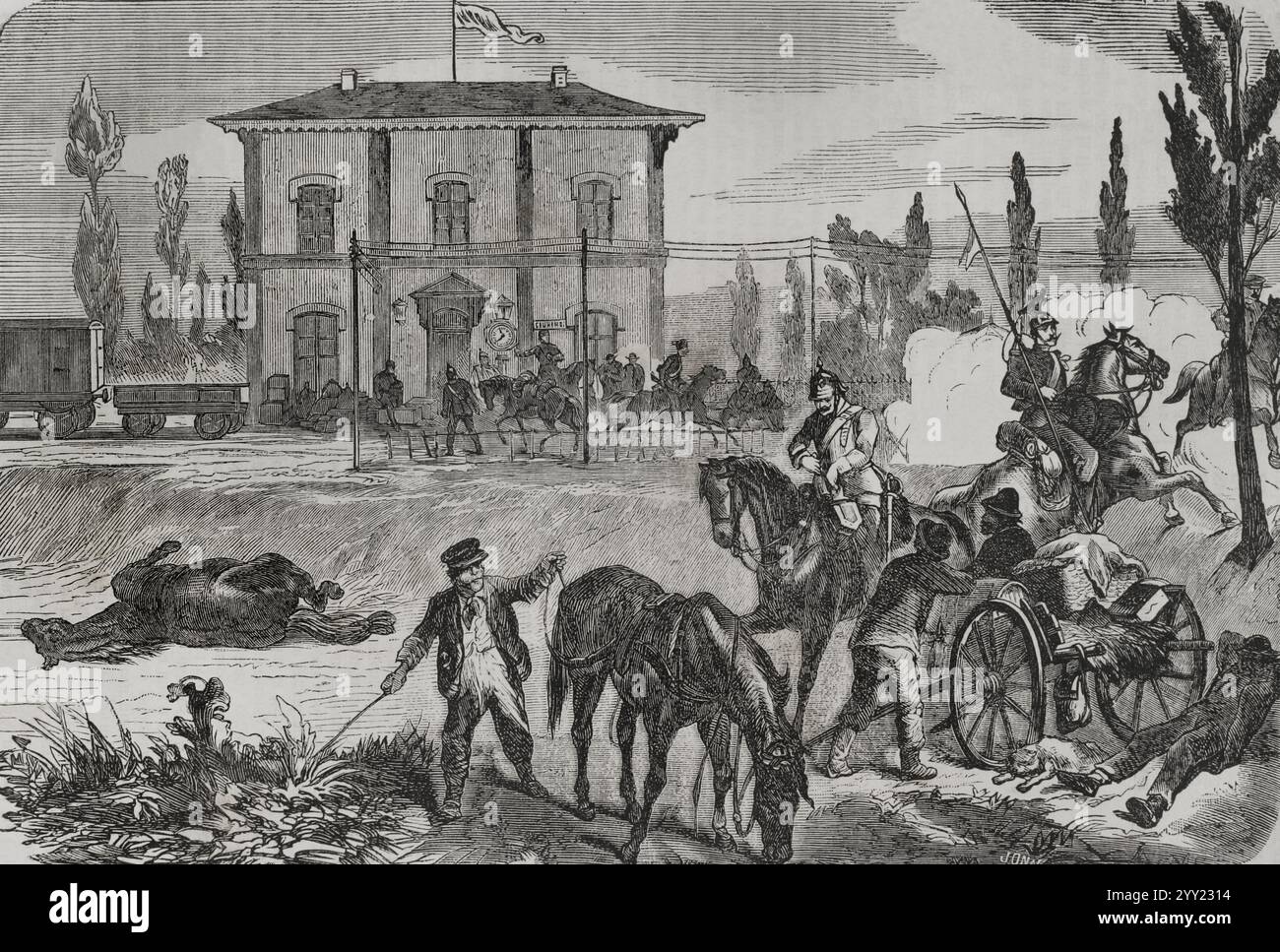 Guerra franco-prussiana (1870-1871). I tedeschi a Courcelles, secondo uno sketch di O. Fikentscher. Incisione. Historia de la Guerra de Francia y Prusia (storia della guerra tra Francia e Prussia). Volume I. pubblicato a Barcellona, 1870. Foto Stock