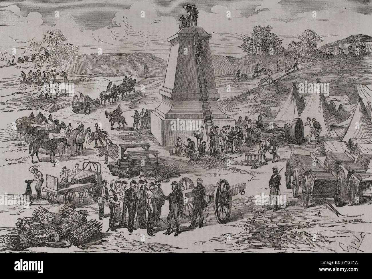 Guerra franco-prussiana (1870-1871). Assedio di Parigi (dal 19 settembre 1870 al 28 gennaio 1871). Postazione di osservazione militare improvvisata sul piedistallo di una statua a Courbevoie (Francia). Difesa di Parigi, ottobre 1870. Incisione di Capuz. Historia de la Guerra de Francia y Prusia (storia della guerra tra Francia e Prussia). Volume I. pubblicato a Barcellona, 1870. Foto Stock