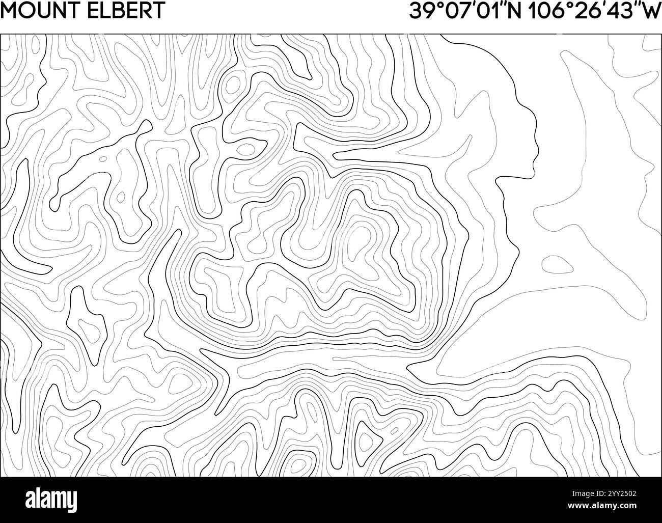 Mappa topografica del Monte Elbert con precise linee di elevazione e coordinate geografiche per l'esplorazione. Vettore mappa topografica. Illustrazione Vettoriale