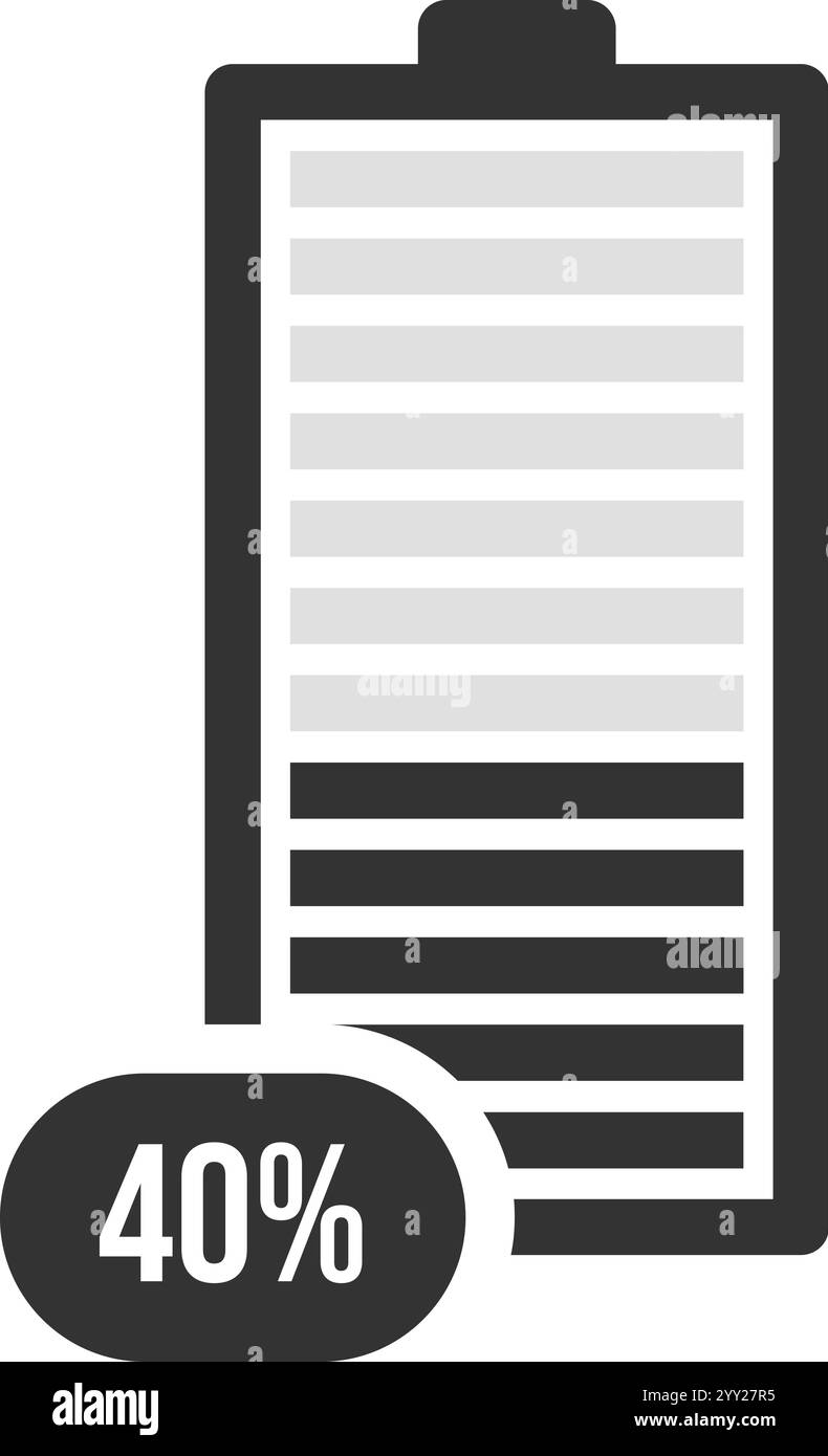 Icona della batteria che visualizza il 40% di carica, che rappresenta il livello di carica rimanente di un dispositivo. Ideale per visualizzare lo stato di energia in vari modi Illustrazione Vettoriale Icona della batteria che visualizza il 40% di carica, che rappresenta il livello di carica rimanente di un dispositivo. Ideale per visualizzare lo stato di energia in vari modi Illustrazione Vettoriale