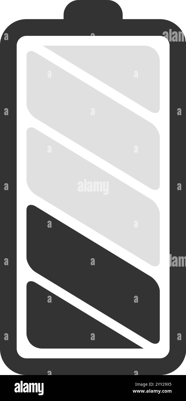 Semplice icona della batteria che indica uno stato di carica basso, utilizzando un design minimalista e colori grigio e nero, adatto per interfacce utente e app mobili Illustrazione Vettoriale