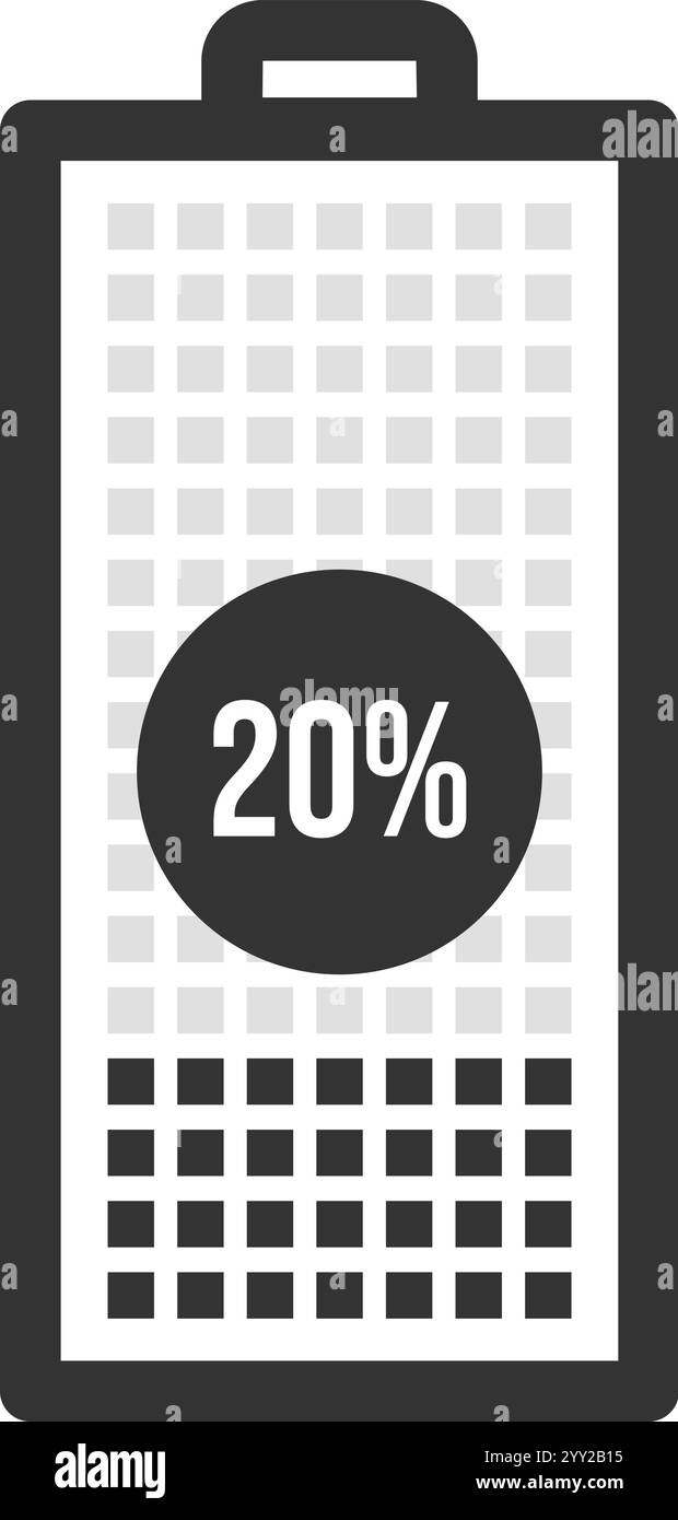 Illustrazione vettoriale minimalista con un'icona della batteria che mostra un livello di carica del 20%, che rappresenta la bassa potenza e mette in evidenza l'esigenza urgente Illustrazione Vettoriale Illustrazione vettoriale minimalista con un'icona della batteria che mostra un livello di carica del 20%, che rappresenta la bassa potenza e mette in evidenza l'esigenza urgente Illustrazione Vettoriale