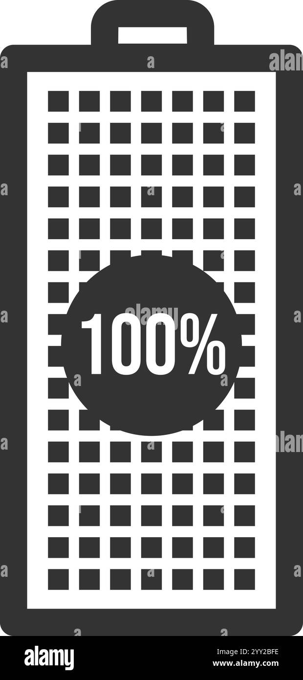 Visualizzazione di un'icona della batteria completamente carica con un livello di potenza del 100% brillante, che rappresenta l'immagazzinamento completo di energia e la disponibilità ottimale per Illustrazione Vettoriale