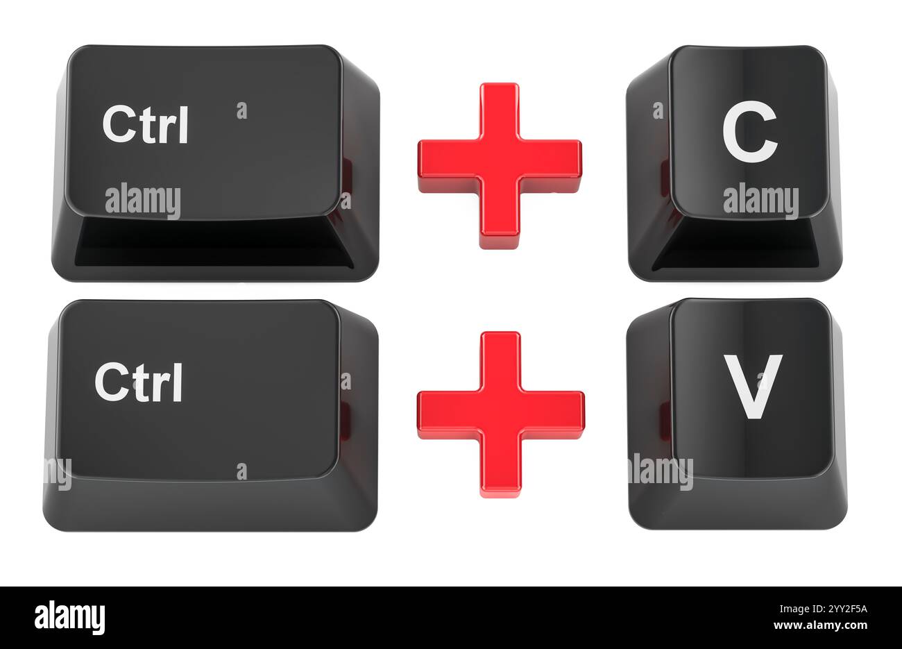 Tasti Ctrl C e Ctrl V della tastiera del computer. Tasti di scelta rapida, rendering 3D isolato su sfondo bianco Foto Stock
