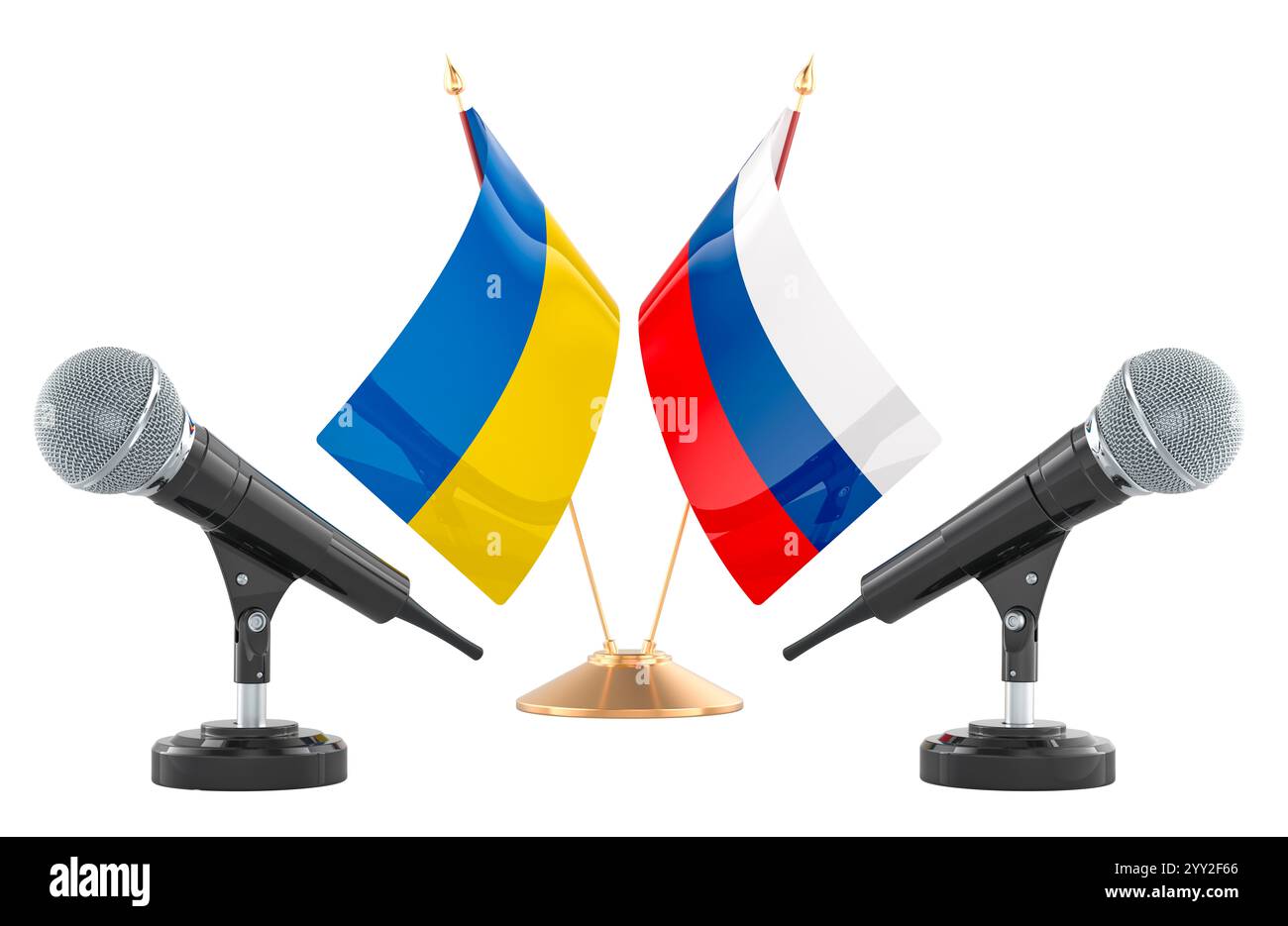 Dialoghi russo-ucraino, concetto. Due microfoni con bandiere di Ucraina e Russia. Rendering 3D isolato su sfondo bianco Foto Stock