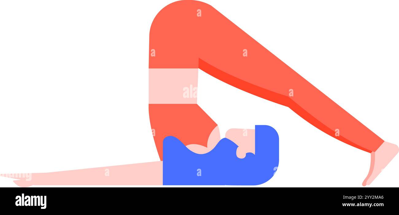 Giovane donna che pratica l'halasana, o posa dell'aratro, un asana yoga, che promuove il relax e la flessibilità, illustrata con un design piatto minimalista Illustrazione Vettoriale