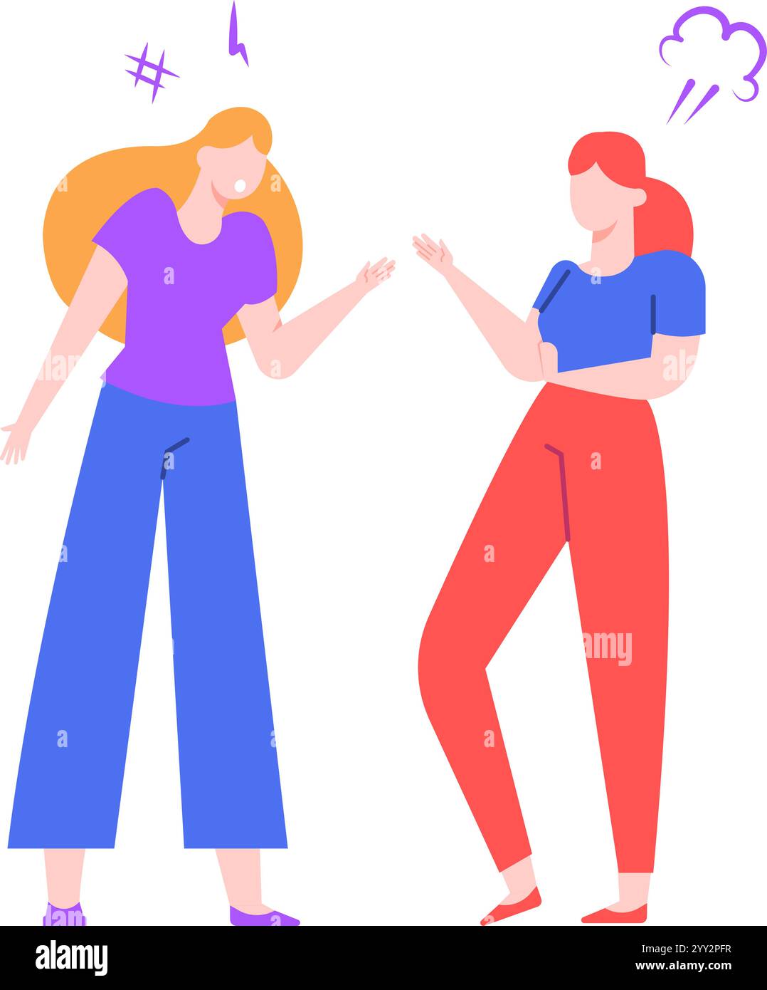 Due colleghi donne che hanno avuto un'accesa discussione, gestiscono con le mani ed esprimono il loro disaccordo, una di loro si sta arrabbiando, si sta scontrando e. Illustrazione Vettoriale