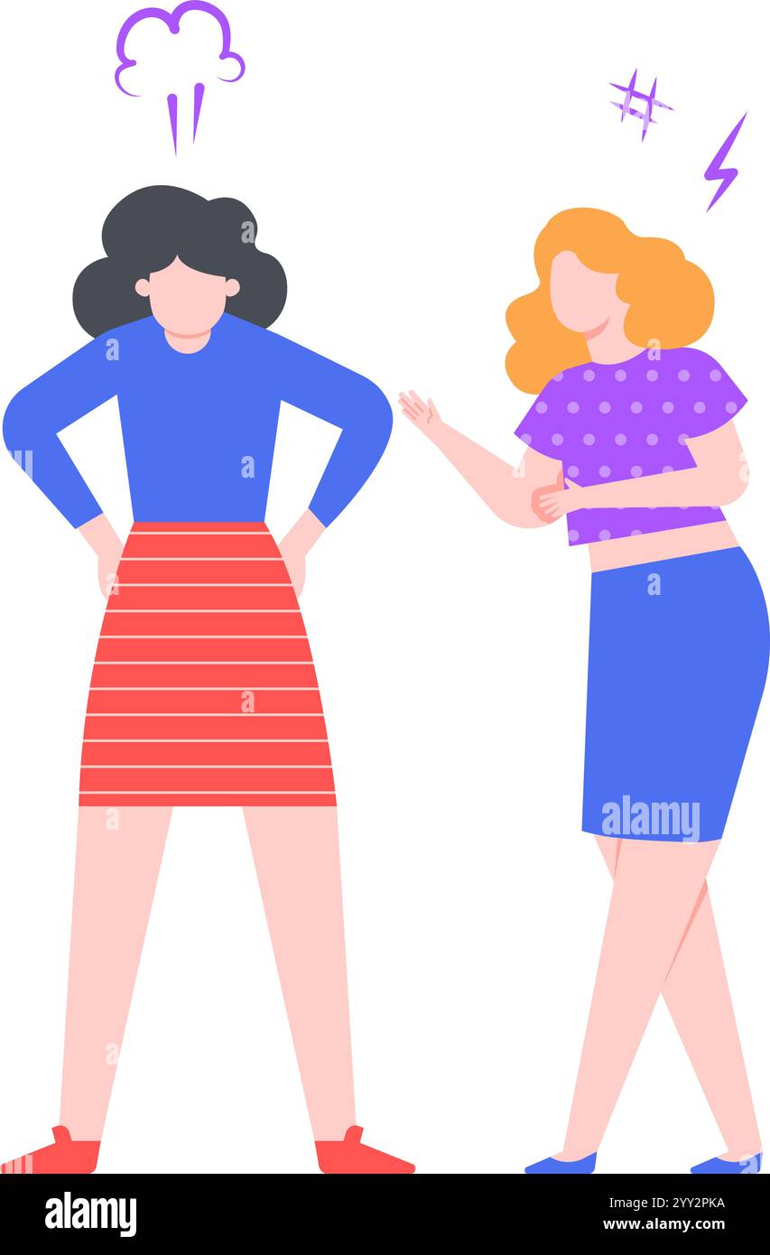 Due donne impegnate in una discussione animata, una che esprime frustrazione e rabbia, mentre l'altra gesta provocatori, mettendo in evidenza la tensione e. Illustrazione Vettoriale