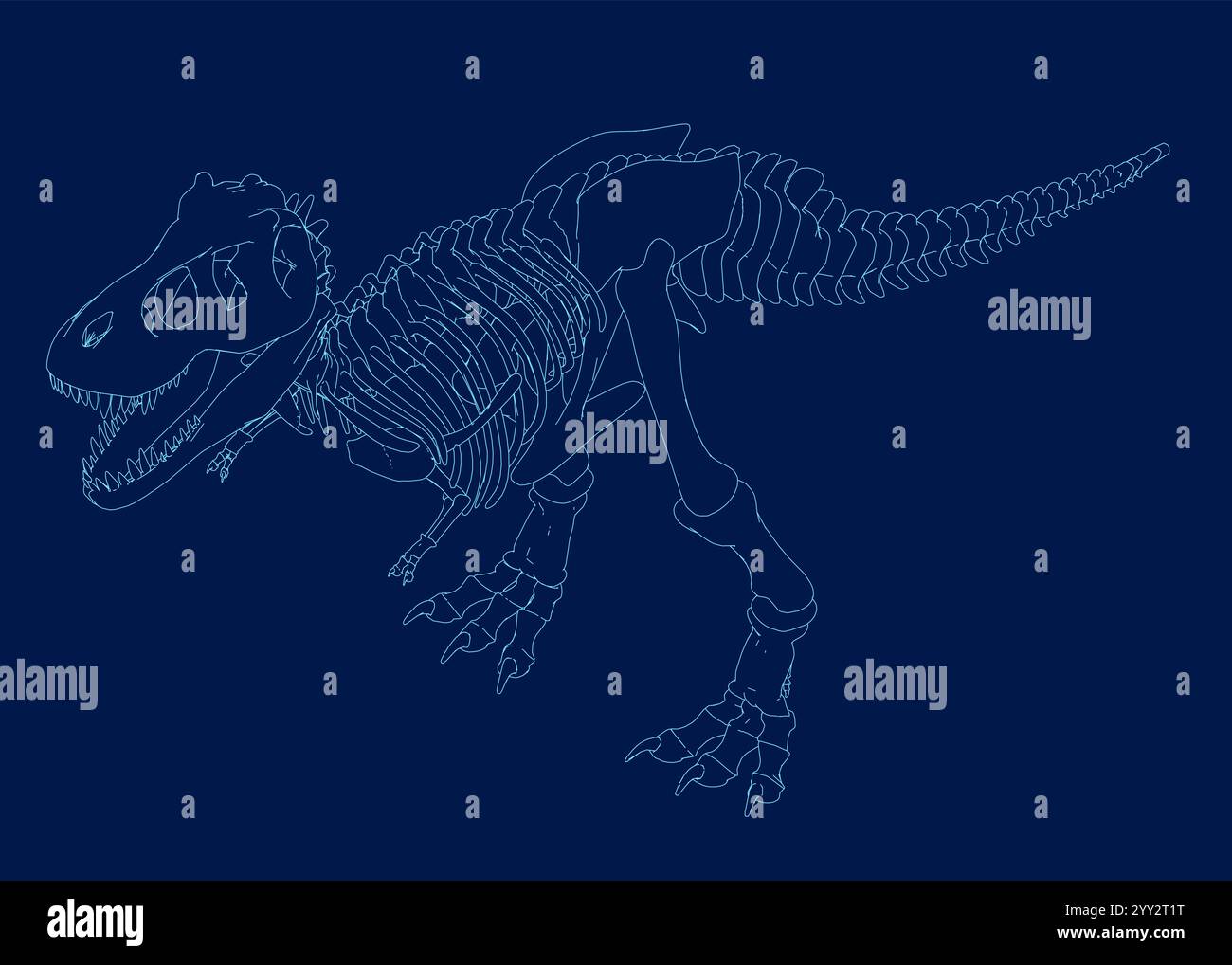 Profilo del dinosauro Tyrannosaurus rex o t rex isolato su blu. Illustrazione vettoriale stile contorno. Vista isometrica Illustrazione Vettoriale