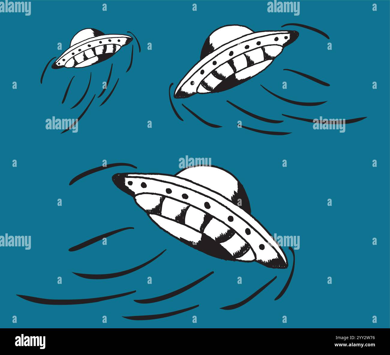 Disco volante che lascia tracce di vapore su sfondo giallo Illustrazione Vettoriale