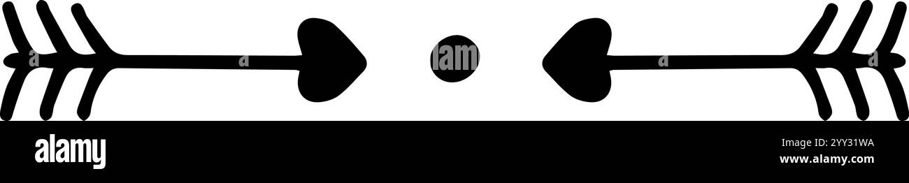 Simbolo di freccia disegnata a mano a due lati con ali a forma di cuore e un punto centrale, che incarna temi di dualità, connessione e processo decisionale in una Illustrazione Vettoriale