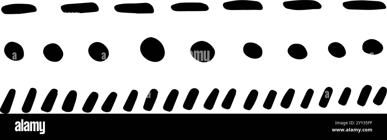 Tre linee di forme nere semplici, disegnate a mano e irregolari creano un motivo astratto su uno sfondo bianco pulito, offrendo un design minimalista e. Illustrazione Vettoriale