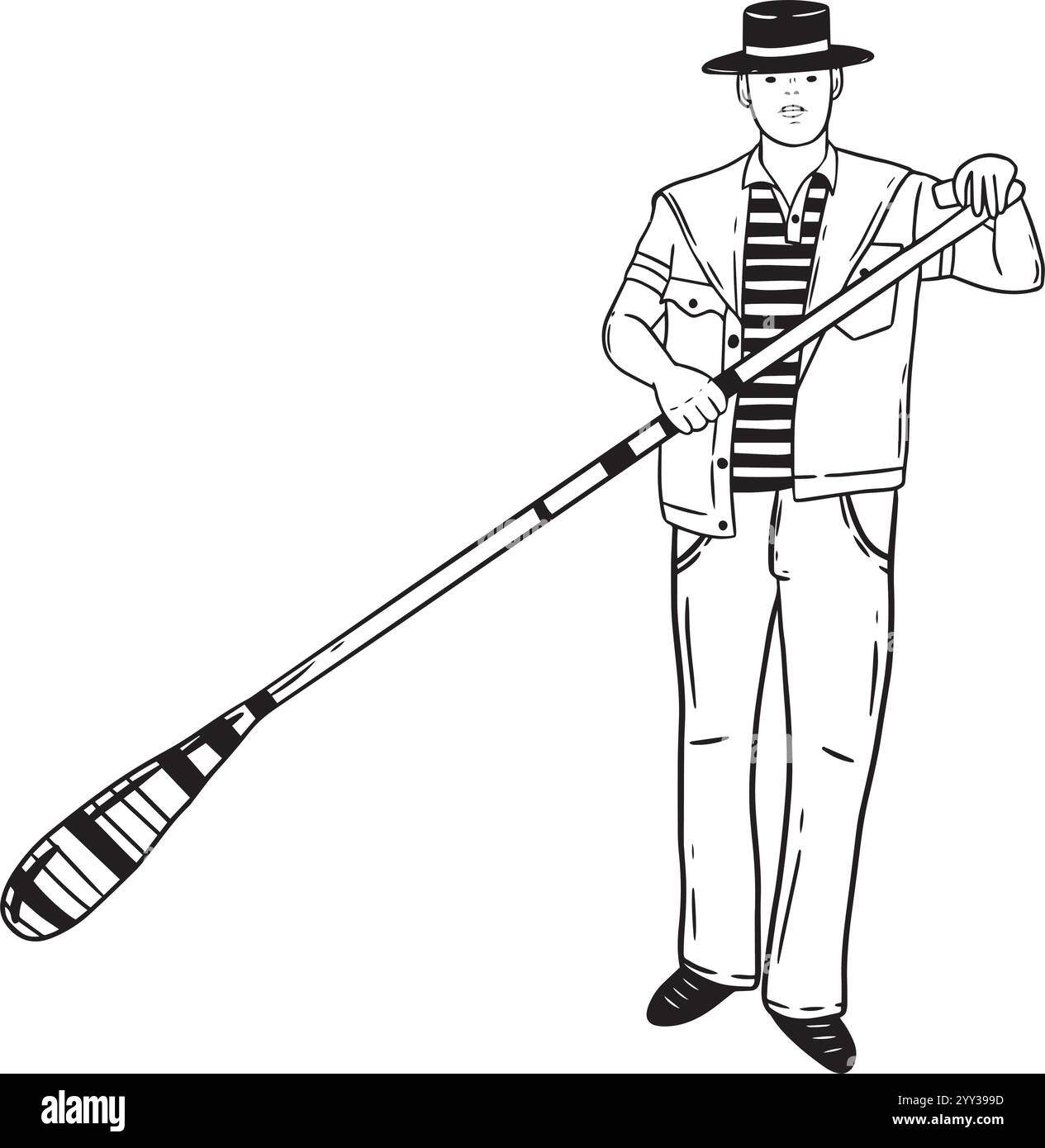 Un'illustrazione vintagestyle mostra un uomo con una pagaia, che rappresenta attività ricreative e di sport acquatici. Grafica in bianco e nero disegnata a mano per la progettazione di siti web, articoli, opuscoli, etichette o pubblicità. Illustrazione Vettoriale