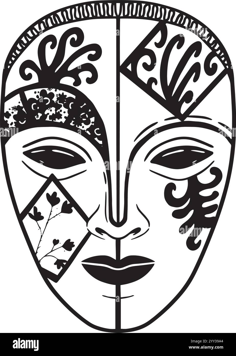 Questo pezzo è una rappresentazione artistica di una maschera tribale con motivi unici e motivi intricati. Grafica in bianco e nero disegnata a mano per la progettazione di siti web, articoli, opuscoli, etichette o pubblicità. Illustrazione Vettoriale