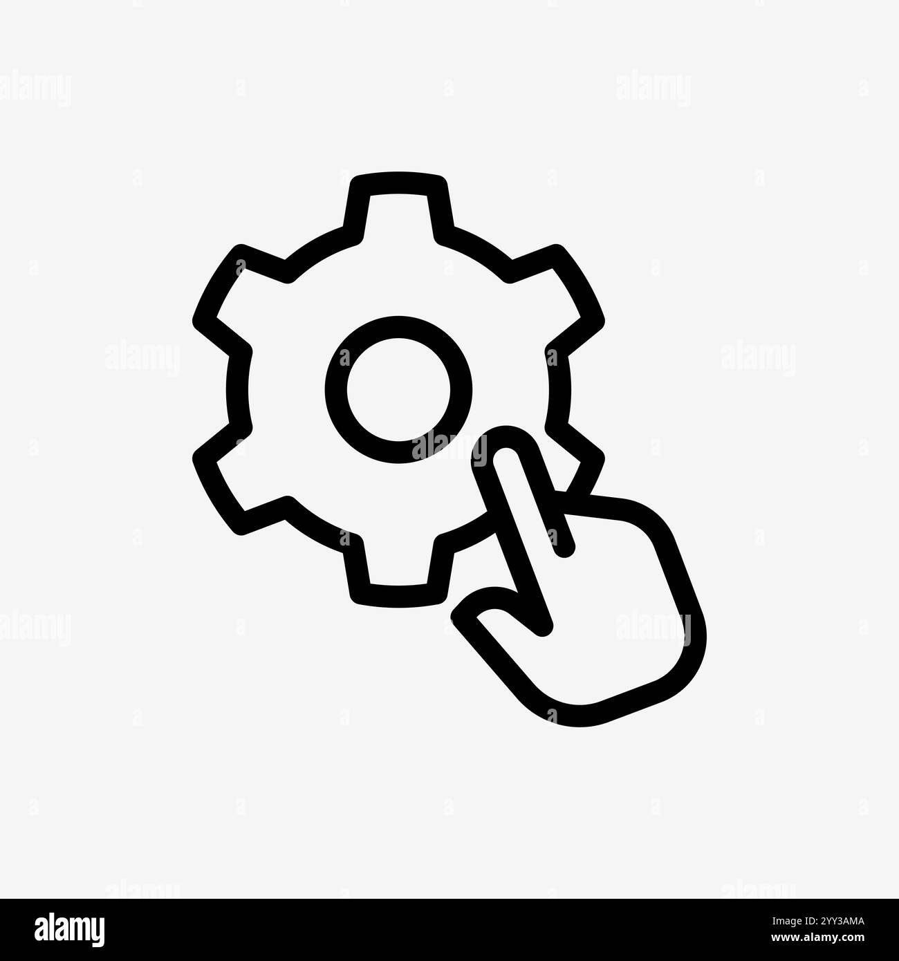 Icona linea fare clic con la mano sul pulsante dell'ingranaggio di impostazione. Concetto di tecnologia e sistema, stile di contorno. Illustrazione Vettoriale