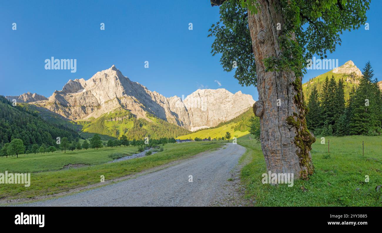 Il panorama mattutino delle pareti nord dei monti Karwendel - pareti di Spritzkar spitze e Grubenkar spitze da Enger alto - Grosser Ahornboden muro Foto Stock