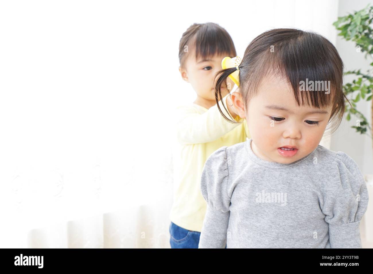 Due bambini che giocano a parrucchiere Foto Stock