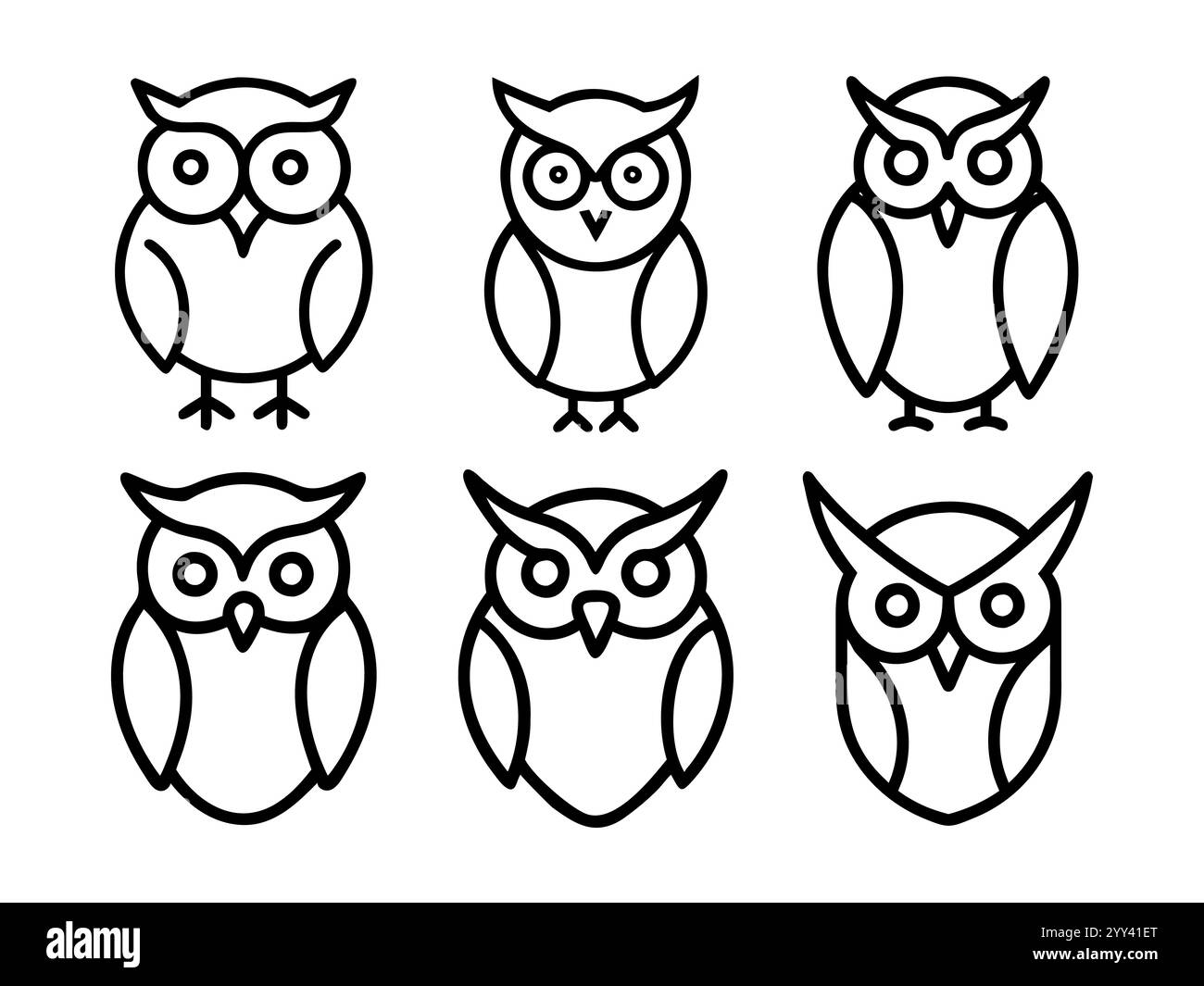 Icone di gufo in linea minimalista in vari stili. perfetto per logo o icone. Design dell'icona vettoriale. Semplici gufi di arte in linea nera. Illustrazione Vettoriale