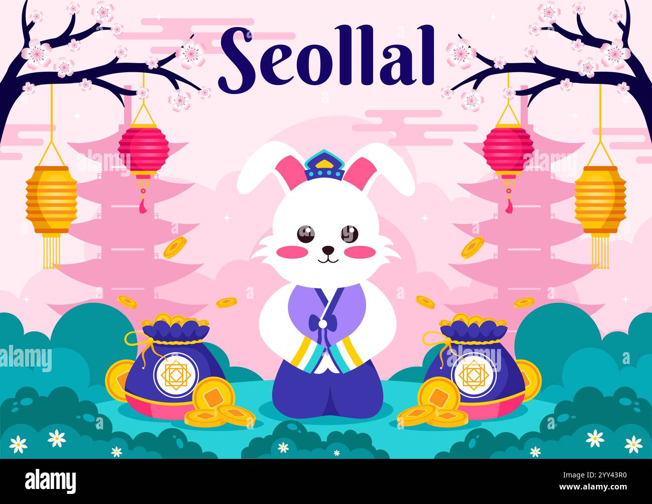 Happy Seollal Translation Korean New Year Vector Illustration featuring the Year of the Wood Rabbit and Gold Coins for the 29 January Celebration Illustrazione Vettoriale