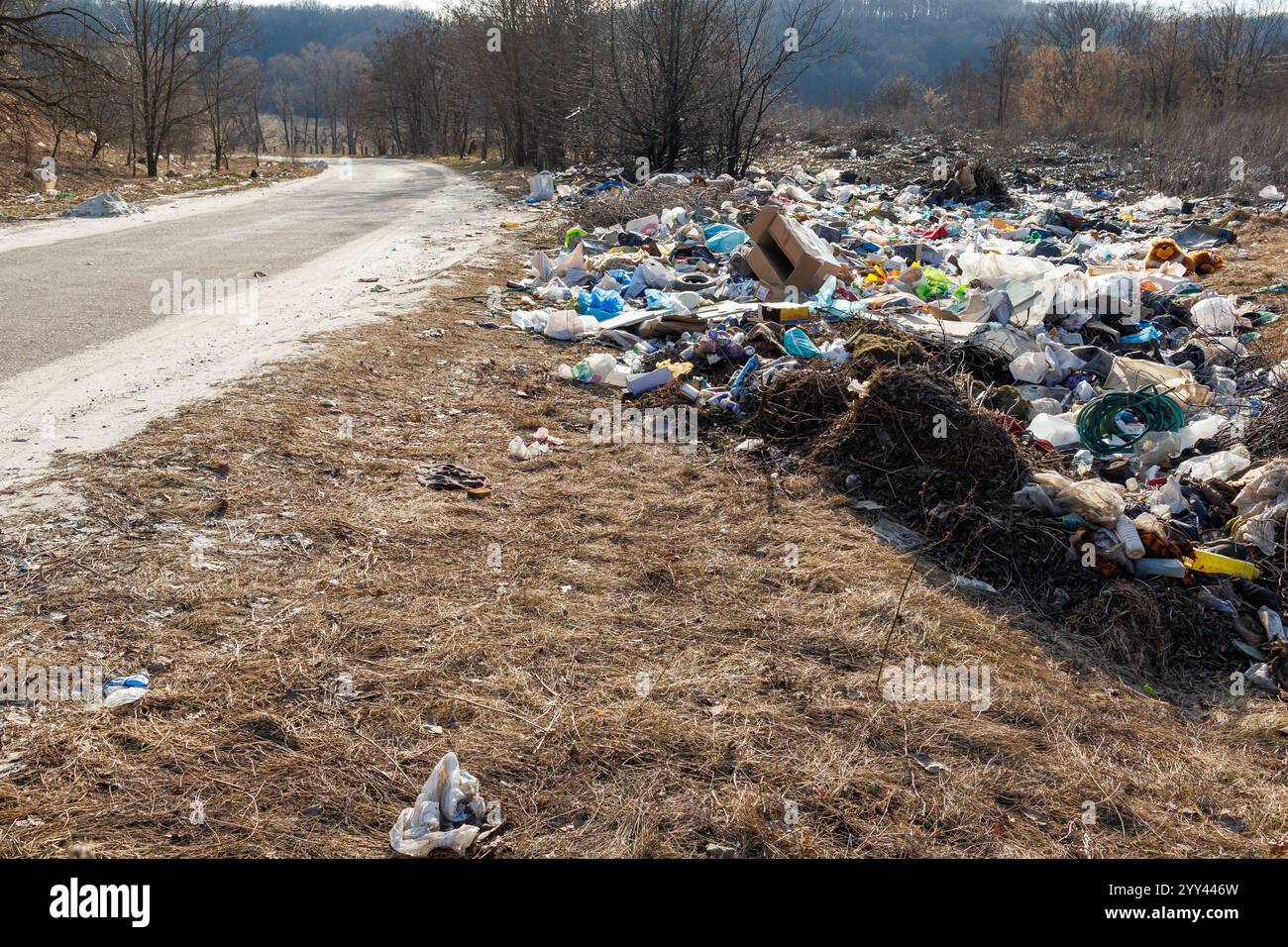 Una discarica lasciata sul lato della strada per comprendere il concetto ecologico. Foto Stock