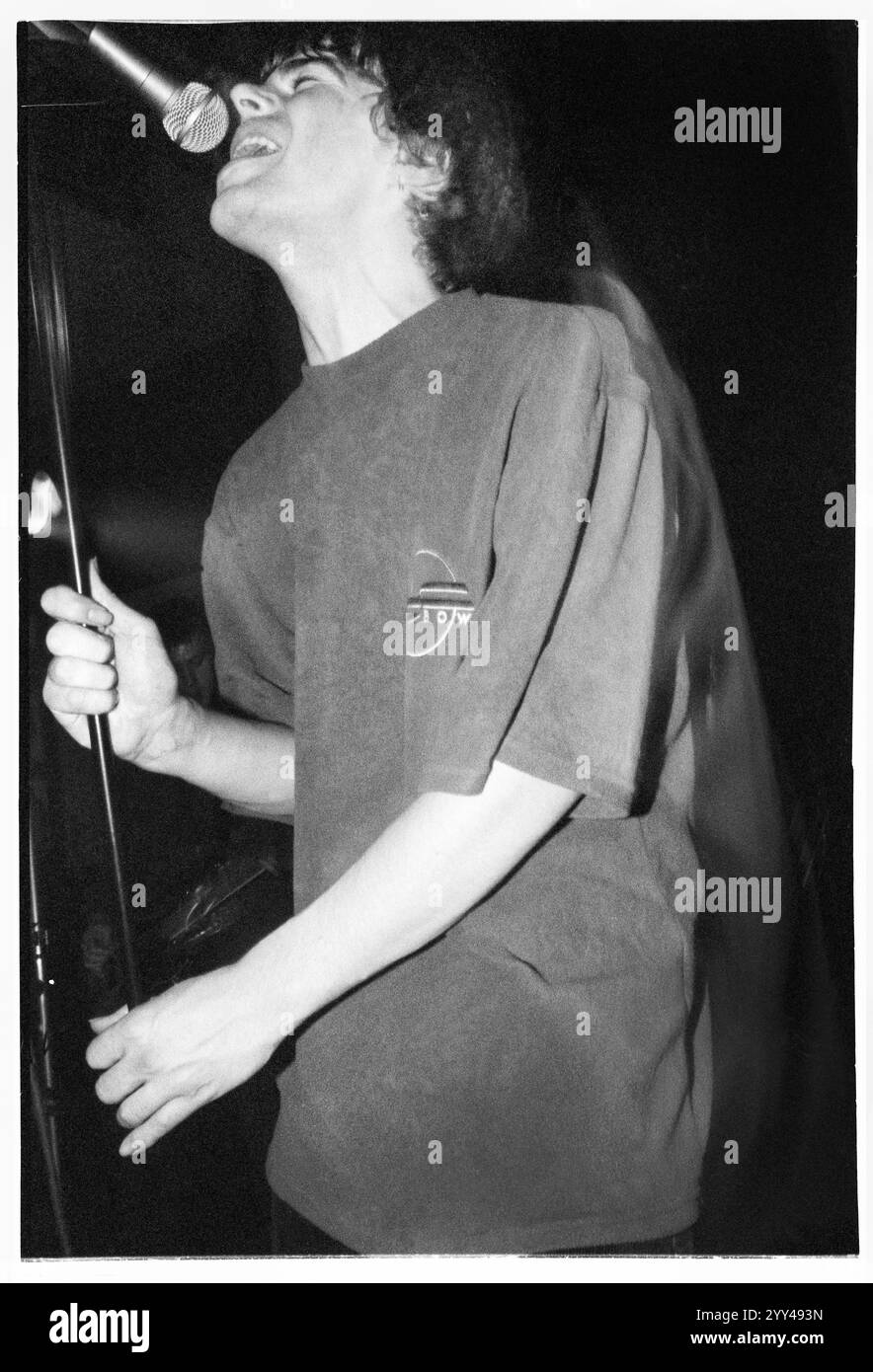 TIM BURGESS, THE CHARLATANS, CONCERTO, 1995: Il cantante Tim Burgess dei Charlatans che suonano alla Cardiff University di Cardiff, Galles, Regno Unito, il 5 maggio 1995. Fotografia: Rob Watkins. INFO: The Charlatans sono un gruppo musicale britannico formatosi nel 1988, parte integrante delle scene di Madchester e Britpop. Noti per i loro groove infettivi e la voce distintiva di Tim Burgess, hanno raggiunto il successo con successi come The Only One i Know e Tellin' Stories. Foto Stock