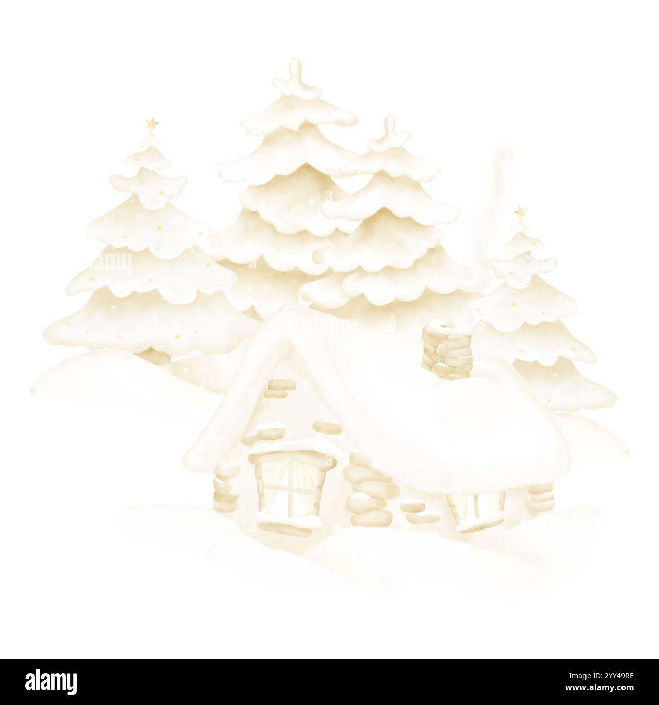 Capanna in legno ricoperta di neve con piccole finestre incorniciate da soffici abeti. Illustrazione digitale acquerello. Capanna forestale ai margini della foresta sepolta Foto Stock