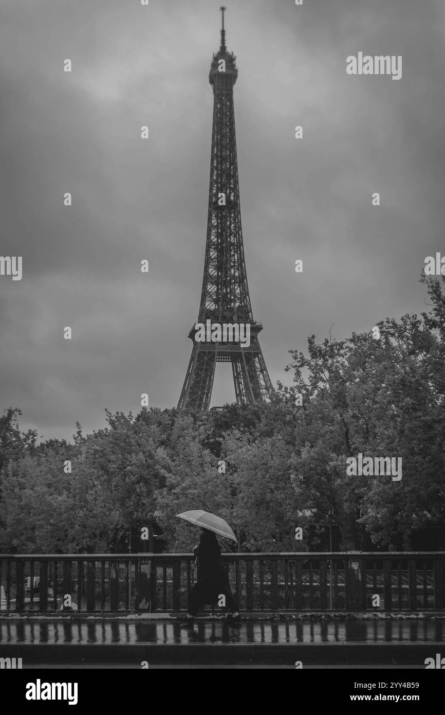 Parigi sotto la pioggia: Un momento monocromatico che cattura l'eleganza della Torre Eiffel e una figura solitaria che cammina con un ombrello. Foto Stock