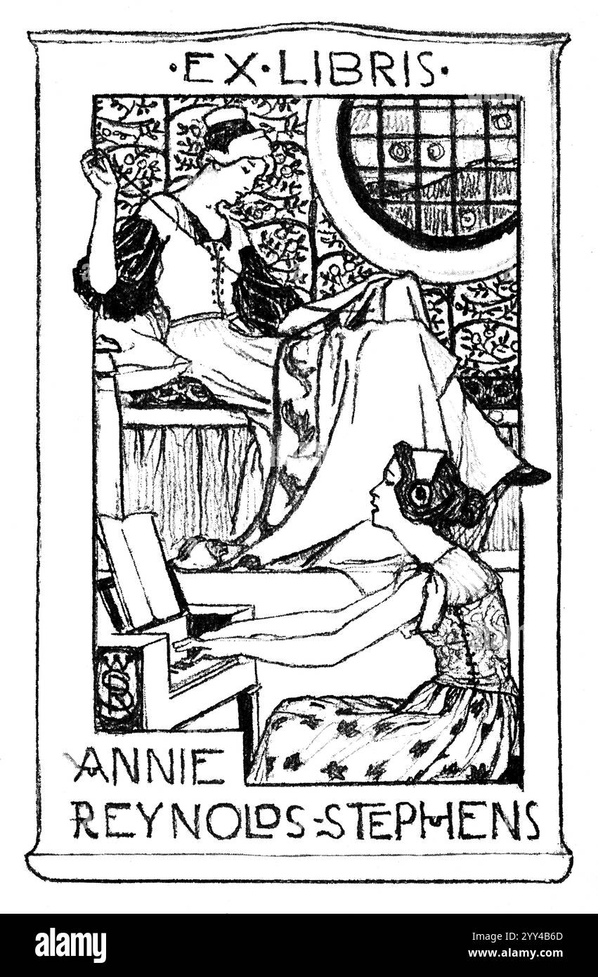 1898 schizzo di mezzitoni per la libreria per Annie Reynolds Stephens che mostra le donne che suonano il pianoforte e cucito progettato da William Reynolds Stephens Foto Stock