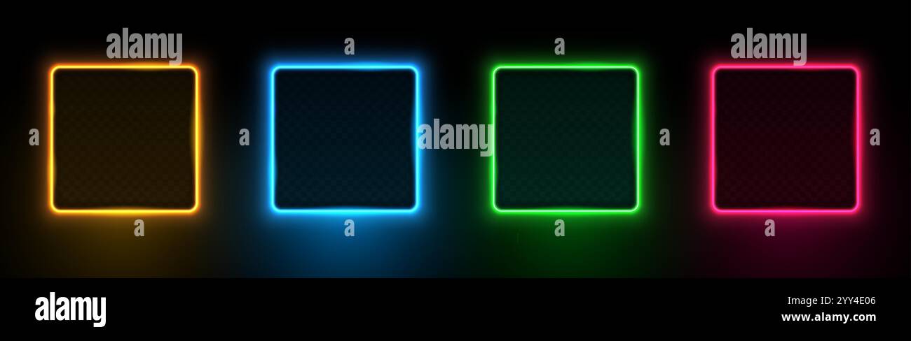 Collezione di cornici quadrate brillanti al neon. Telaio luminoso. Laser fluorescenti a LED arancione, blu, verde e rosso isolati su sfondo nero. Illus vettoriale Illustrazione Vettoriale