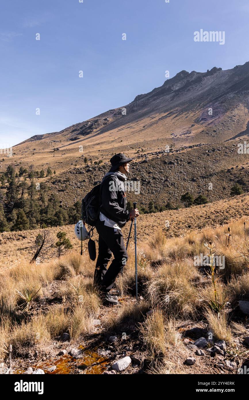Un escursionista esplora un aspro paesaggio di montagna, circondato da erba e rocce, utilizzando bastoncini da trekking per sostenerlo sotto un cielo azzurro e cristallino, abbracciando l'annuncio Foto Stock