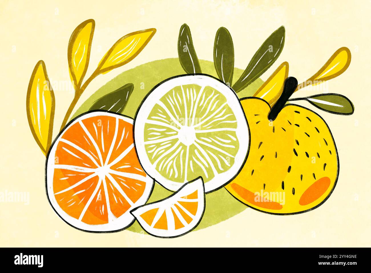 Un'illustrazione artistica che presenta agrumi a fette e interi con uno sfondo color pastello che ne completa le vivaci tonalità. Foto Stock