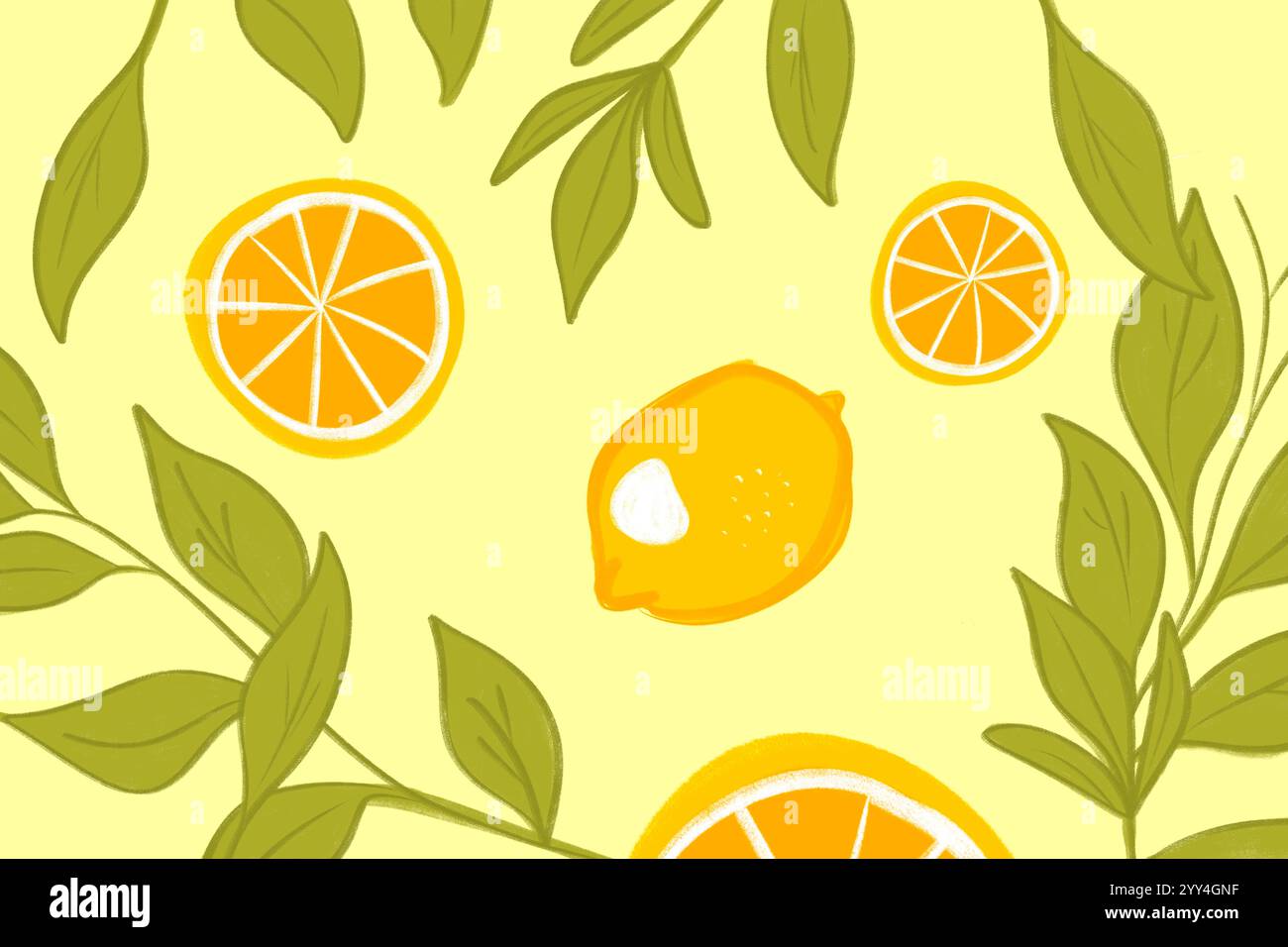 Vivace illustrazione con fette di arance e limoni interi con foglie fresche su sfondo giallo pastello, perfetta per i freschi disegni estivi. Foto Stock