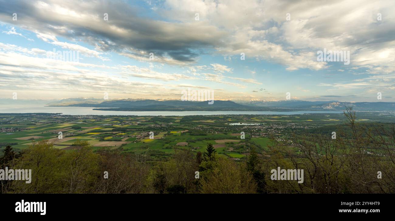 La vista accattivante che cattura le Alpi svizzere e il lago di Ginevra sotto un cielo parzialmente nuvoloso in primavera campi verdeggianti e acque tranquille creano una terra serena Foto Stock