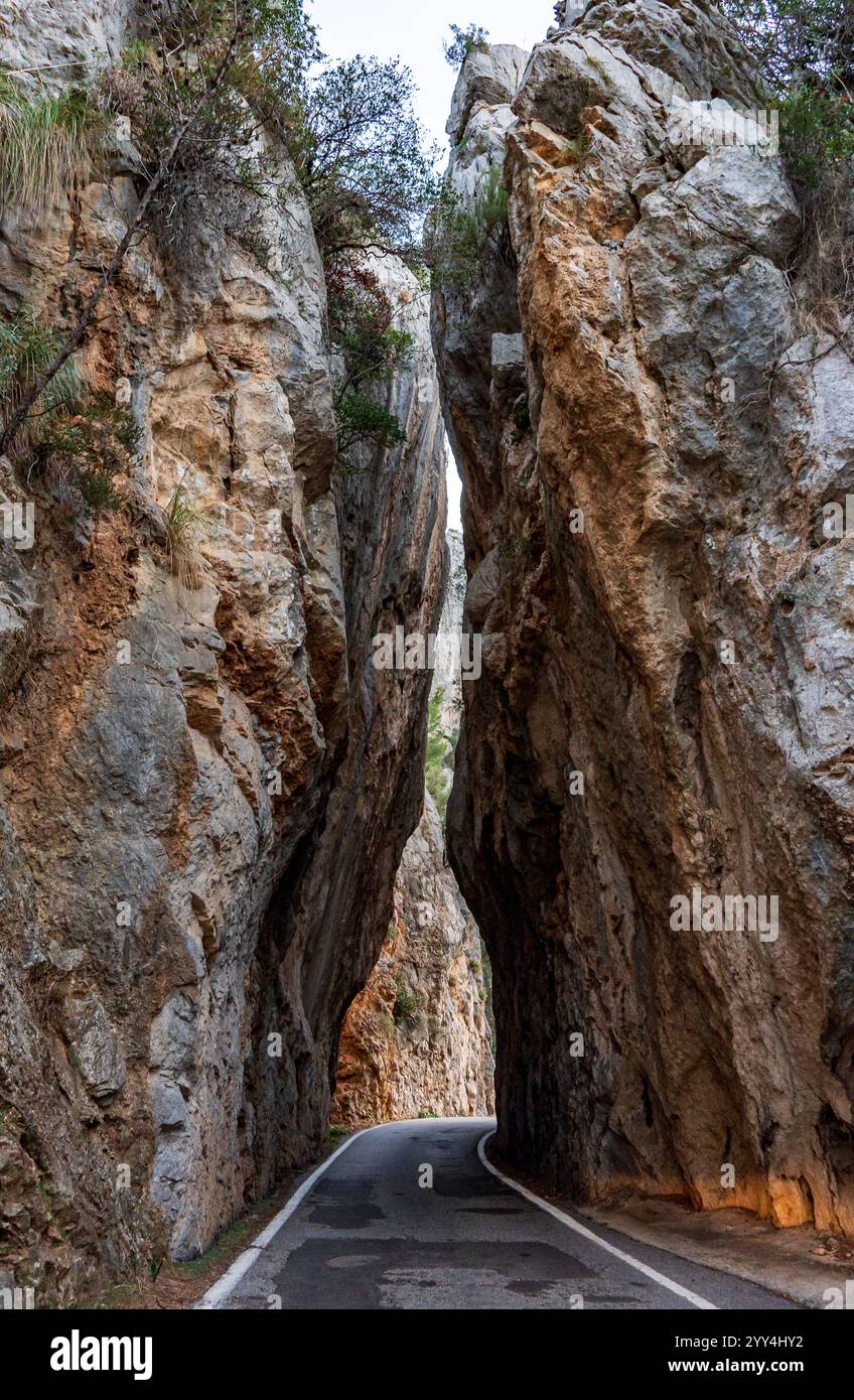Una strada stretta si snoda attraverso torreggianti formazioni rocciose a Maiorca, Spagna, la tranquilla scena cattura la bellezza naturale e il paesaggio spettacolare di questa città Foto Stock