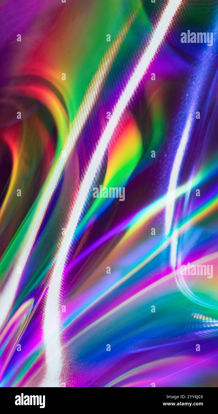 Un rendering 3D vivido con rifrazioni dinamiche di luce al neon, che creano uno sfondo astratto e colorato con un aspetto fluido e moderno. Foto Stock