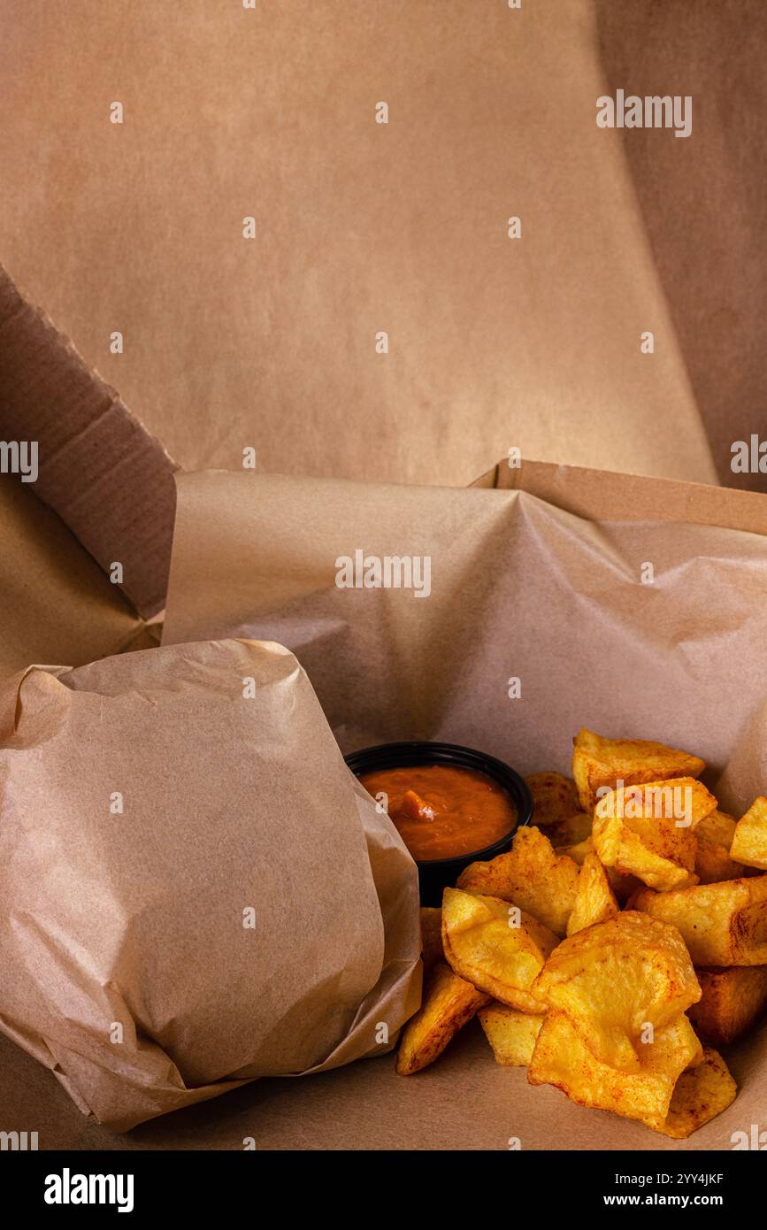 Primo piano di un hamburger confezionato accanto a spicchi di patate dorate e croccanti e un piccolo piatto di salsa salata, il tutto su confezioni di marca. Perfetto Foto Stock