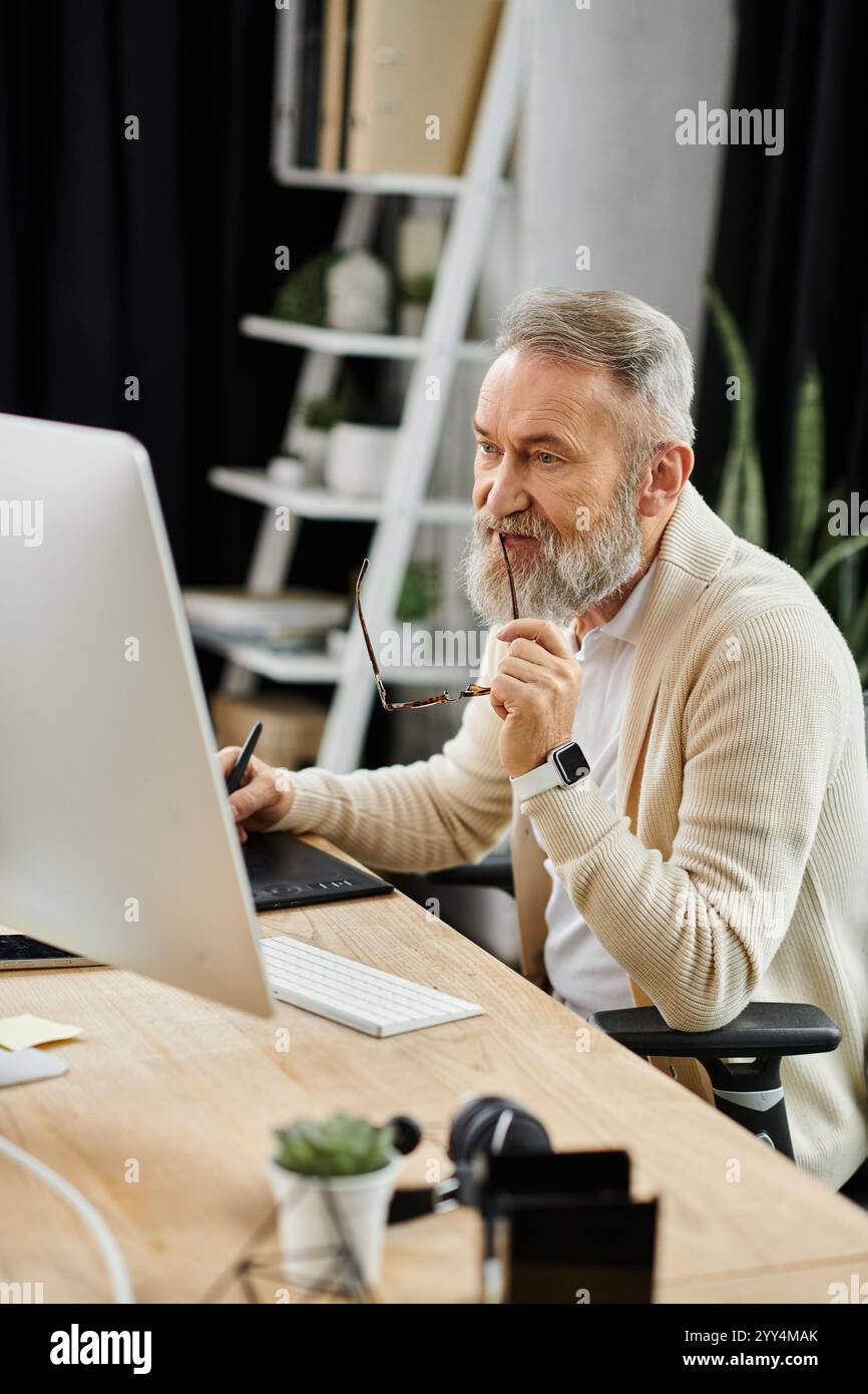 Un uomo maturo si concentra sul lavoro su una scrivania contemporanea tenendo con sé gli occhiali. Foto Stock